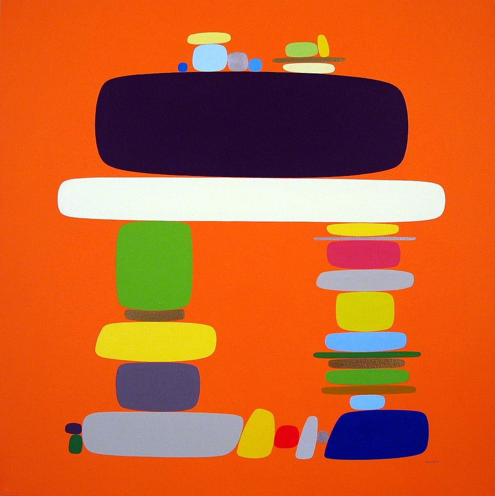 Soonae Tark Abstract Painting - Black, orange geometric abstract painting on canvas