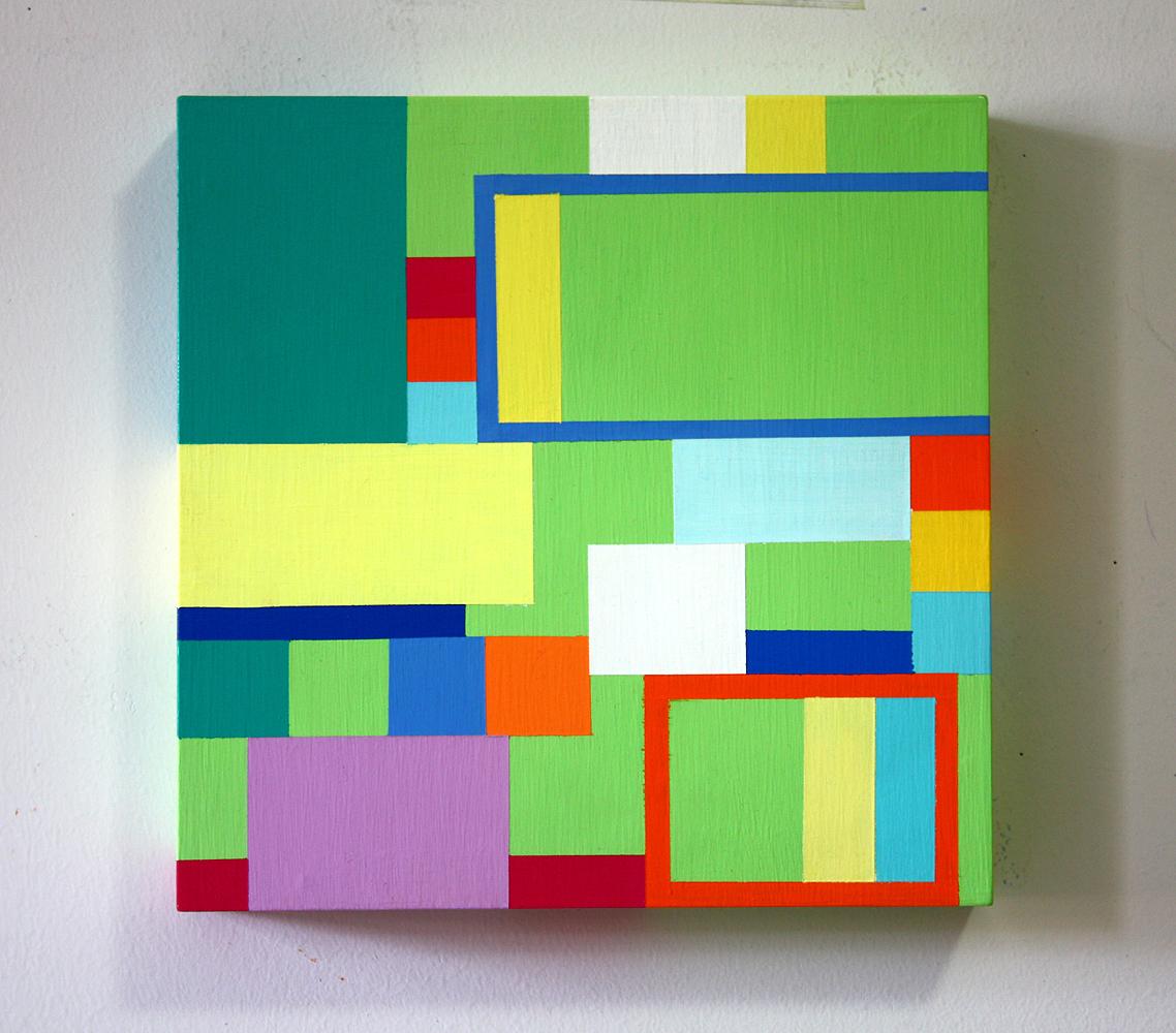 Soonae Tark Abstract Painting - Untitled 08-2, bright abstract geometric painting on wood panel