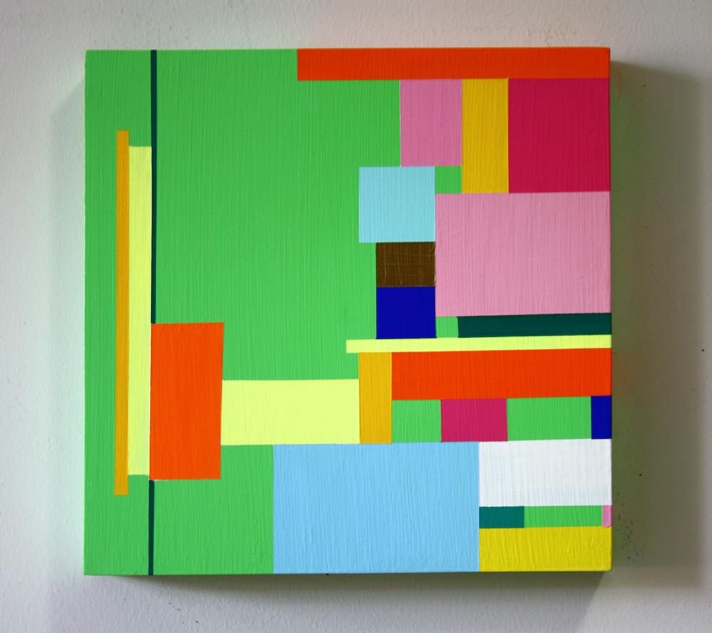 Soonae Tark Abstract Painting - Untitled 08-3, bright abstract geometric painting on wood panel