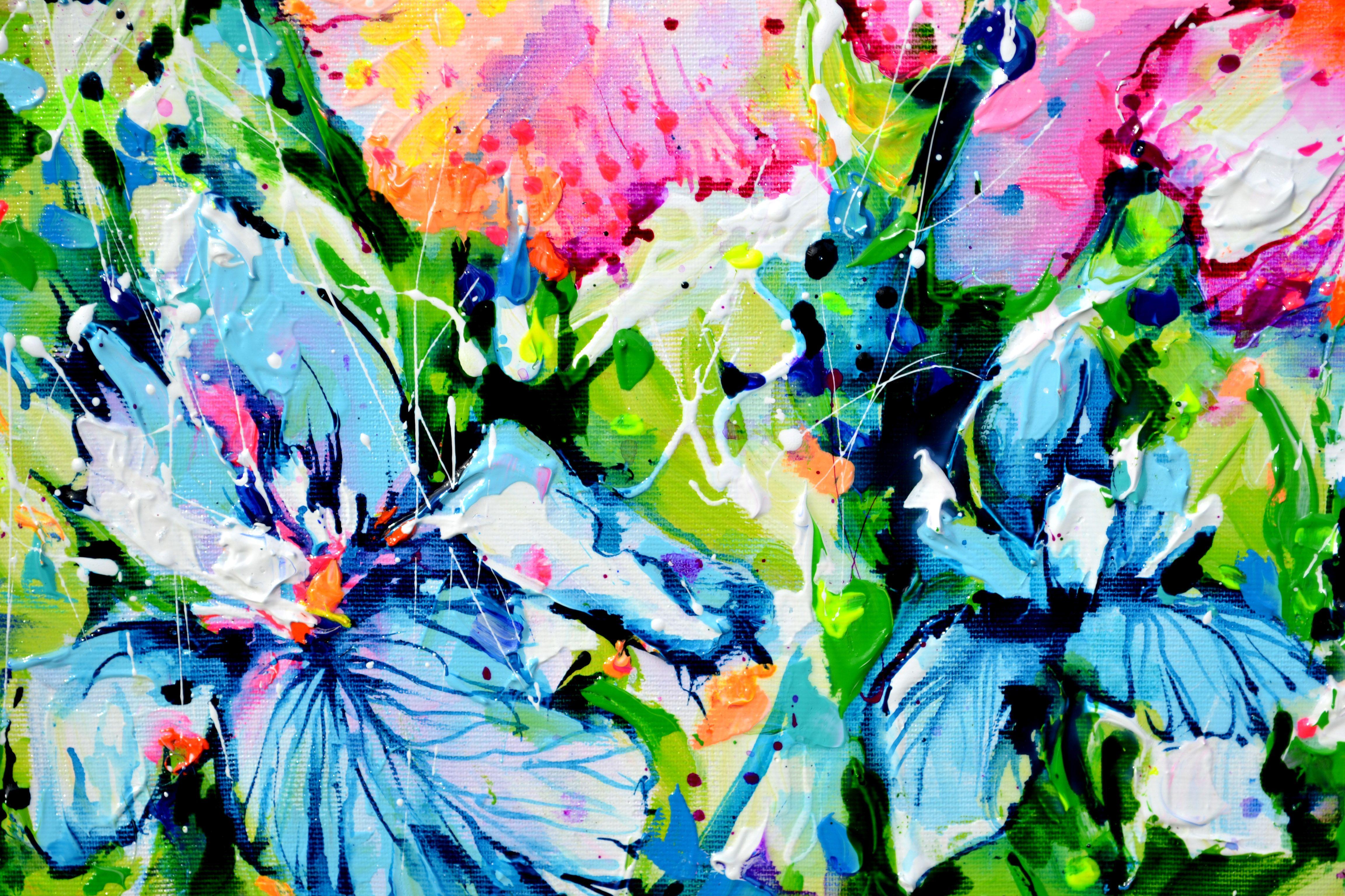 READY TO HANG PAINTING with the edges painted. A beautiful modern iris field painting, made with professional varnished acrylics and Amsterdam acrylic sprays on stretched heavy canvas. Dimensions: 50x50X2 cm, 19.7x19.7x0.8 inches. It is signed and