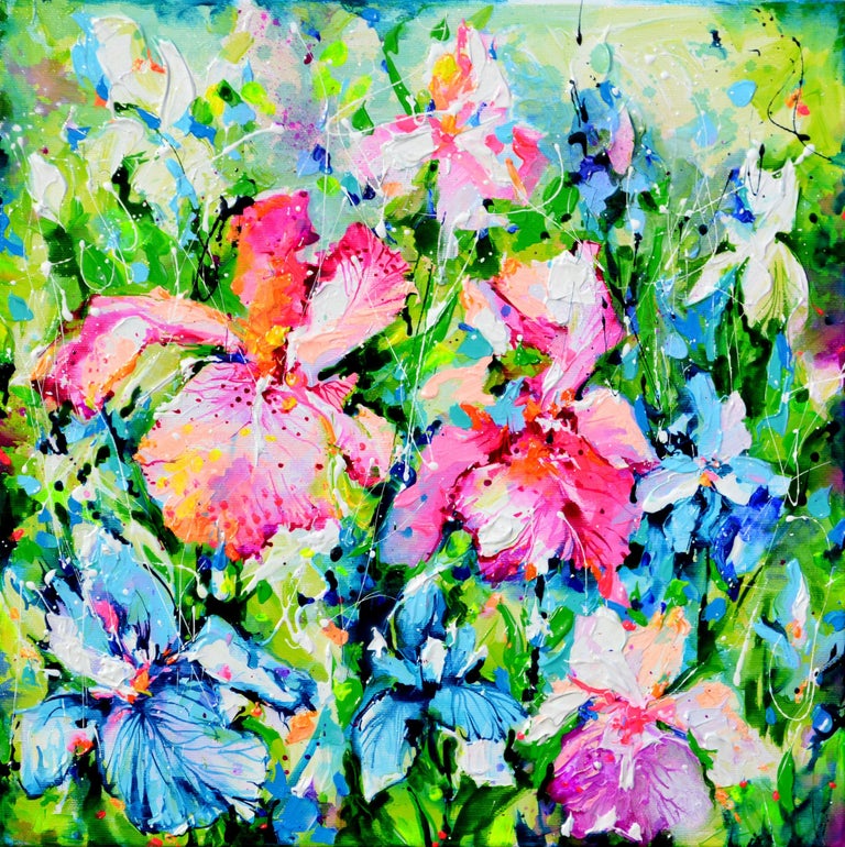 Soos Roxana Gabriela Iris Flower Field, Painting, Acrylic on Canvas