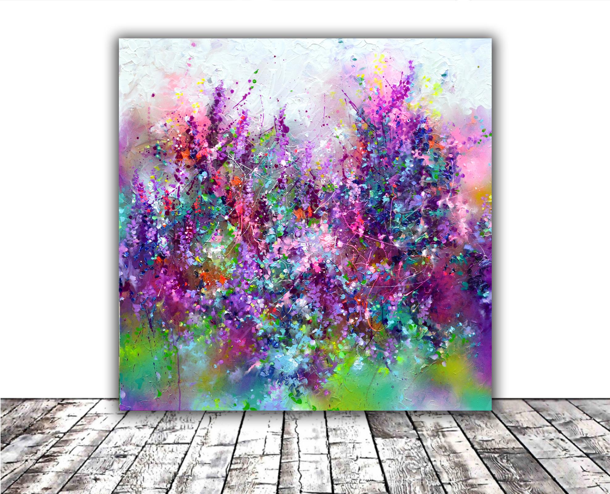 Abstract Flower Field - Large Floral Painting - Gray Abstract Painting by Soos Roxana Gabriela