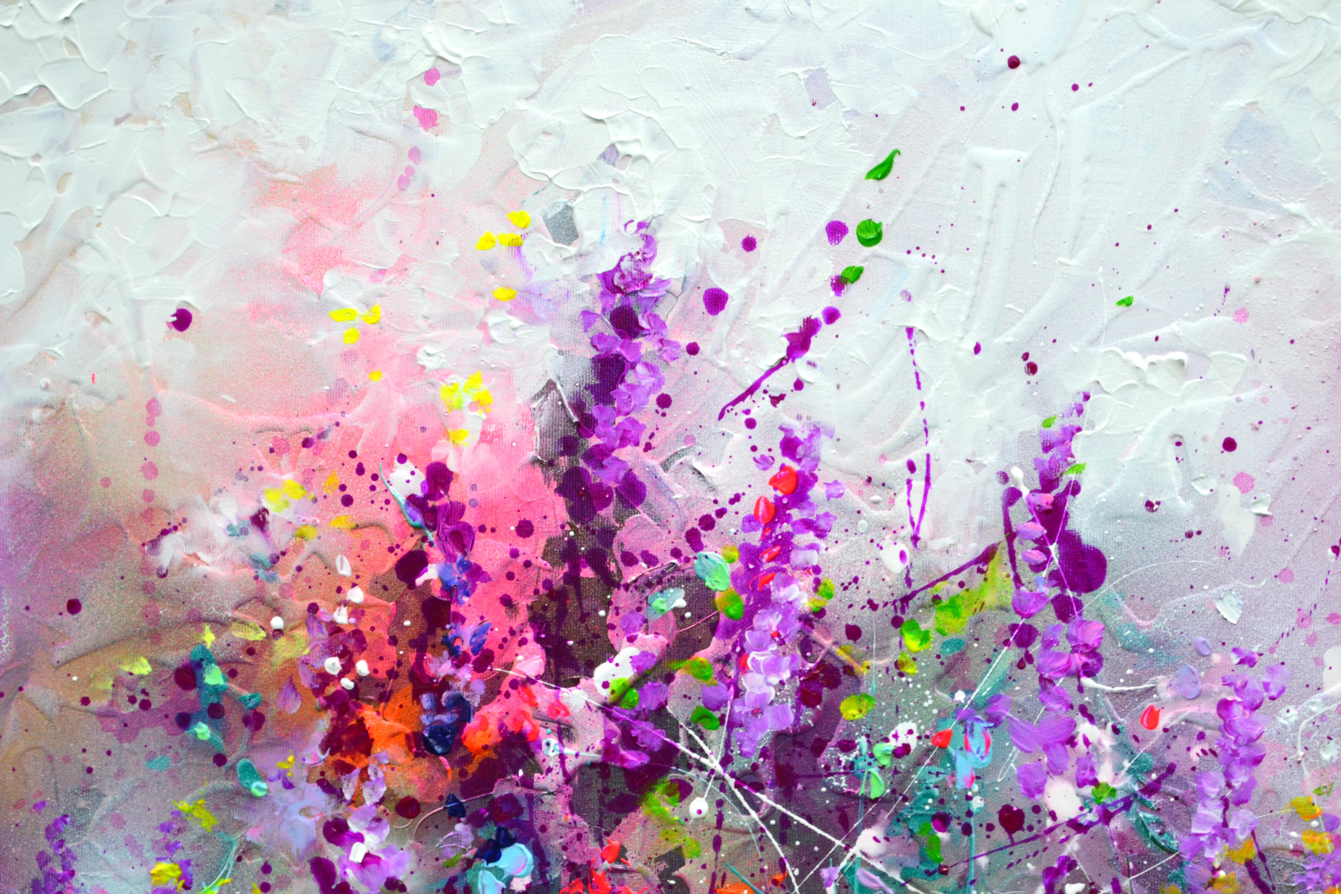 Ready to hang with the edges painted.

A beautiful textured modern abstract floral field painting, 100% handmade, made with professional varnished acrylics and Amsterdam acrylic sprays on stretched canvas. The relief texture is made of pallet