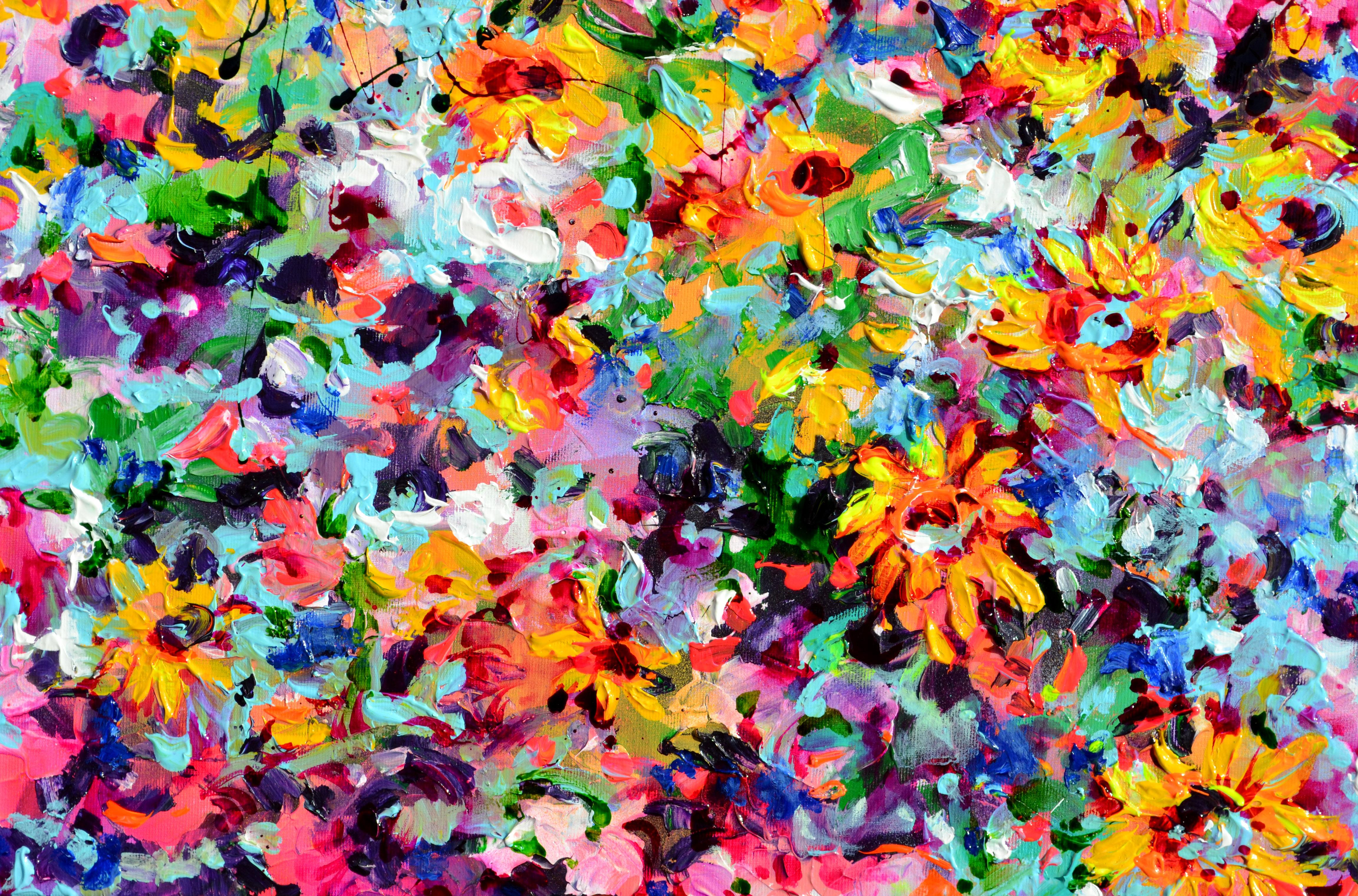 Cottage Wild Sunflowers (Tournesols sauvages) - Gris Landscape Painting par Soos Roxana Gabriela