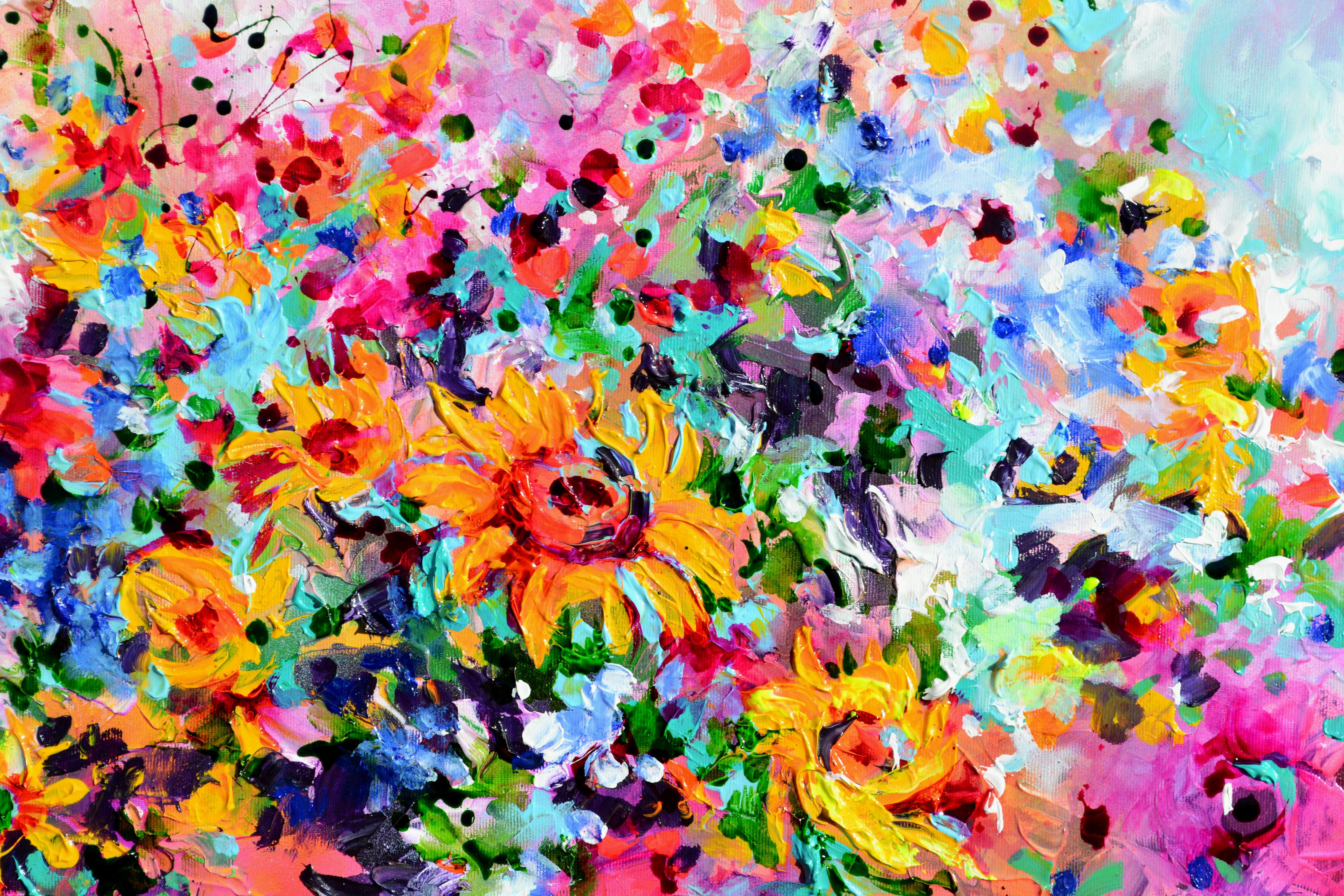 Prêt à être suspendu avec les bords peints.
Une belle peinture florale moderne, un champ de fleurs sauvages avec des tournesols, réalisée avec des acryliques vernis professionnels et des sprays acryliques d'Amsterdam sur toile lourde tendue.
Je