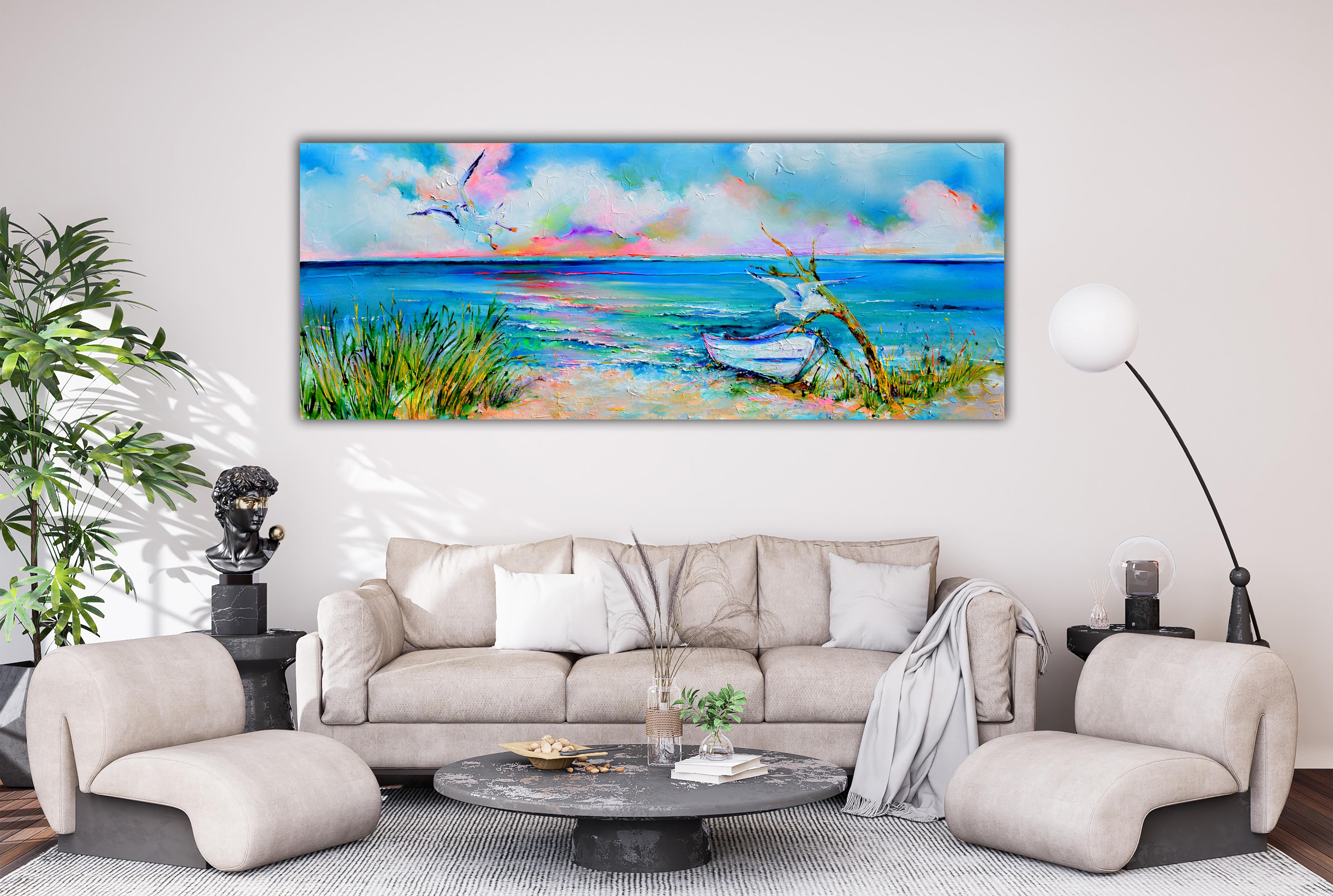 Fishing Boat and Seagulls on the Seashore - Painting by Soos Roxana Gabriela