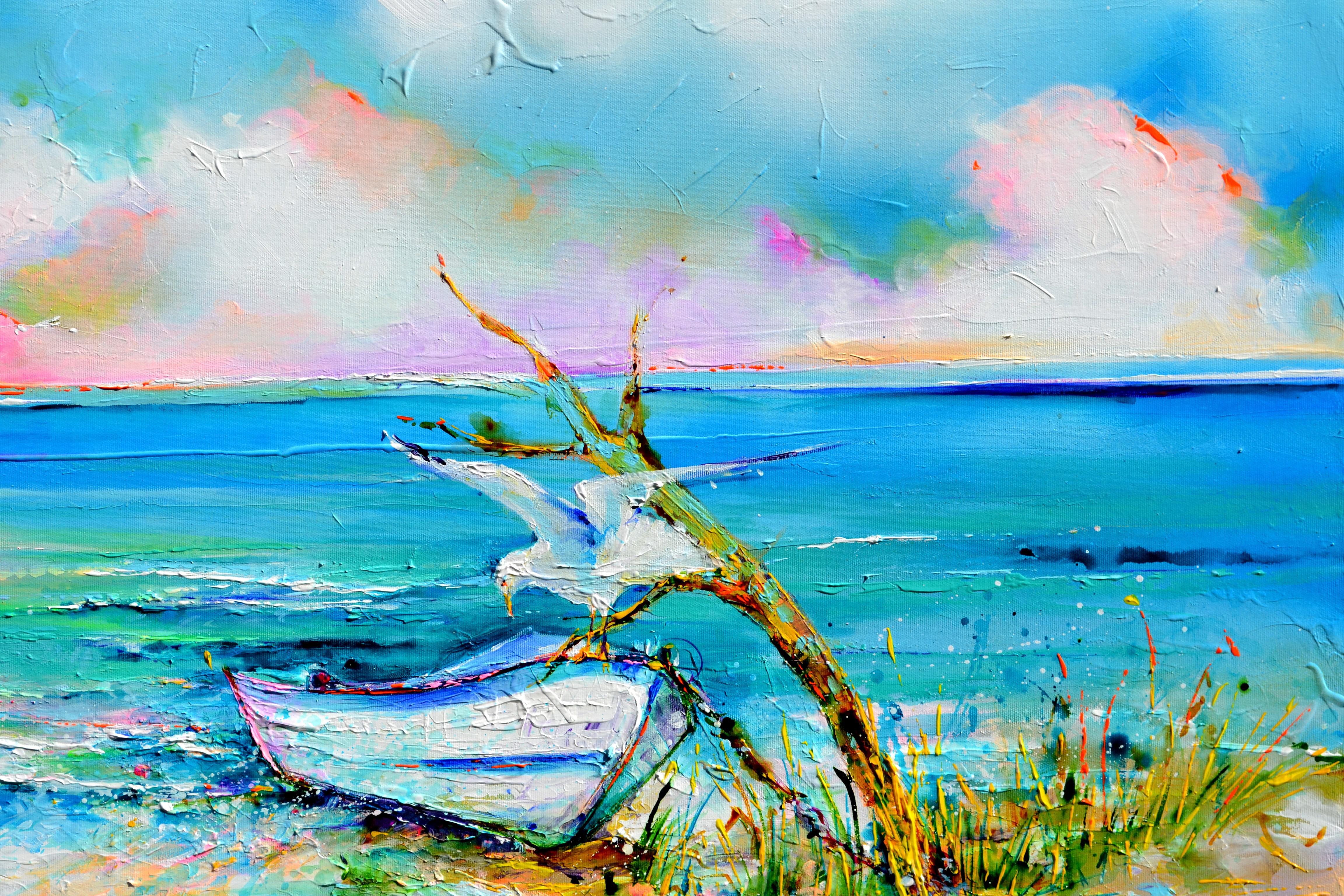Fishing Boat and Seagulls on the Seashore - Impressionist Painting by Soos Roxana Gabriela