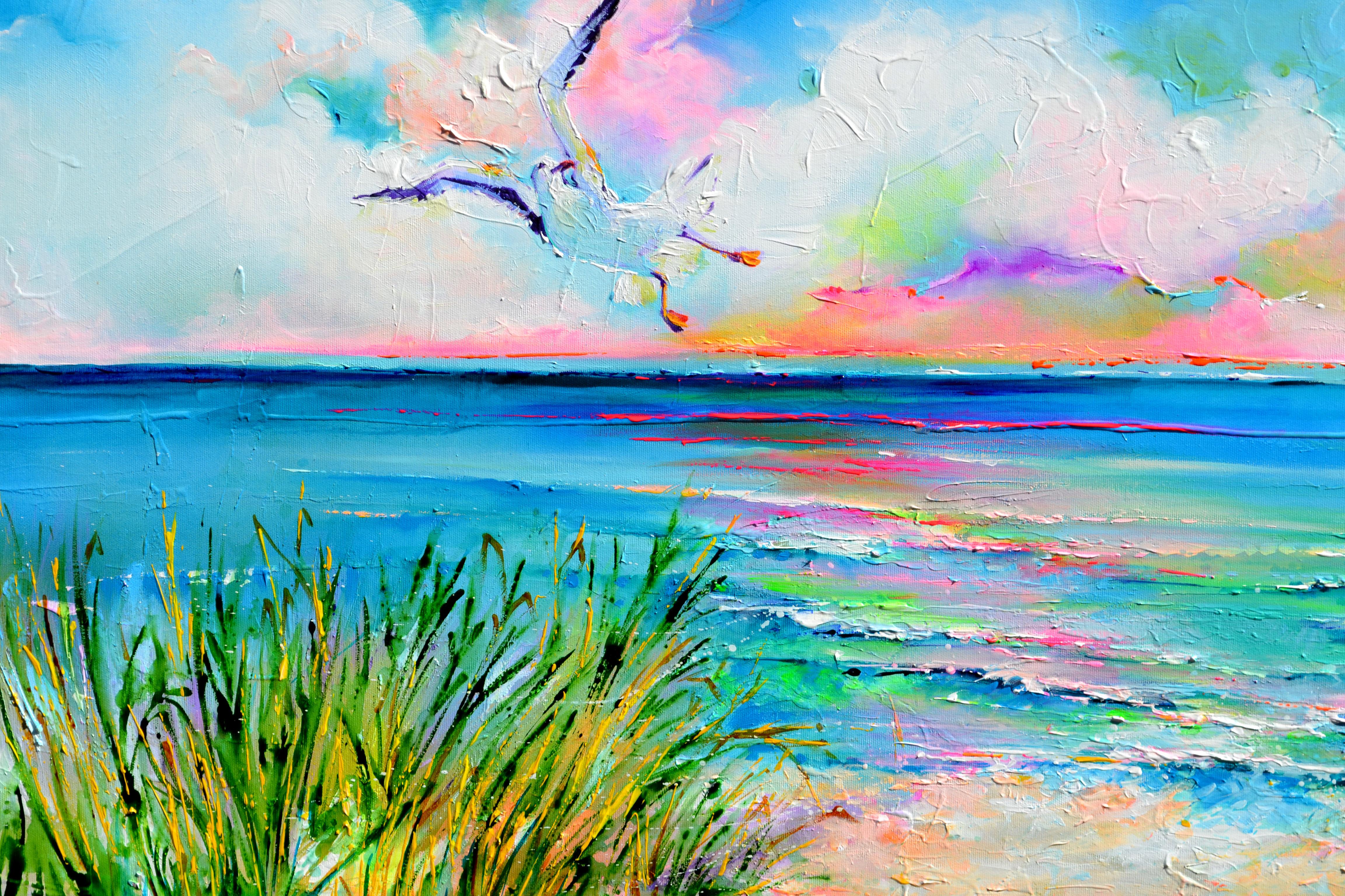 Fishing Boat and Seagulls on the Seashore - Blue Landscape Painting by Soos Roxana Gabriela