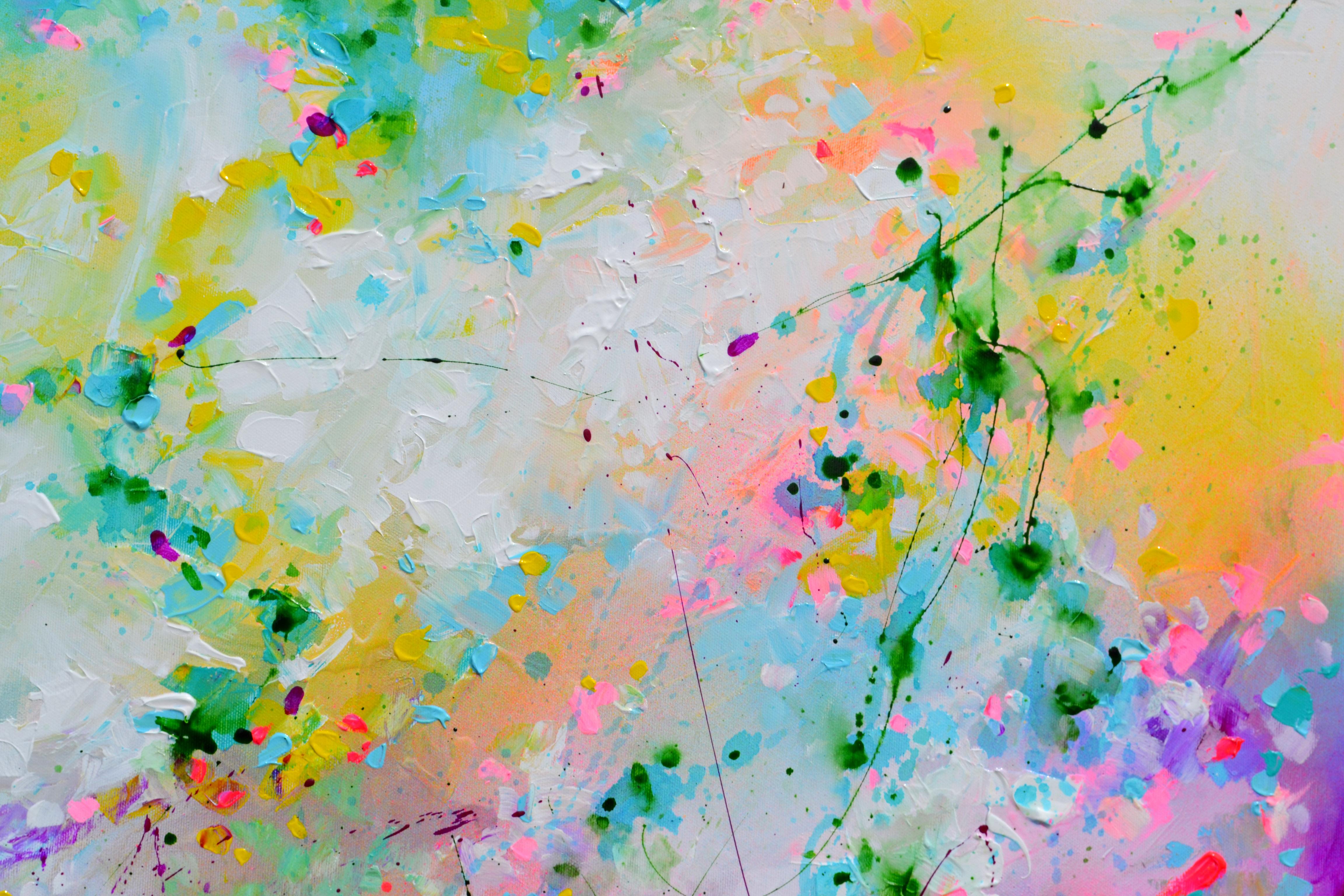 Fresco umore 108  - Grande quadro astratto rosa e blu pastello - Abstract Painting Grigio di Soos Roxana Gabriela