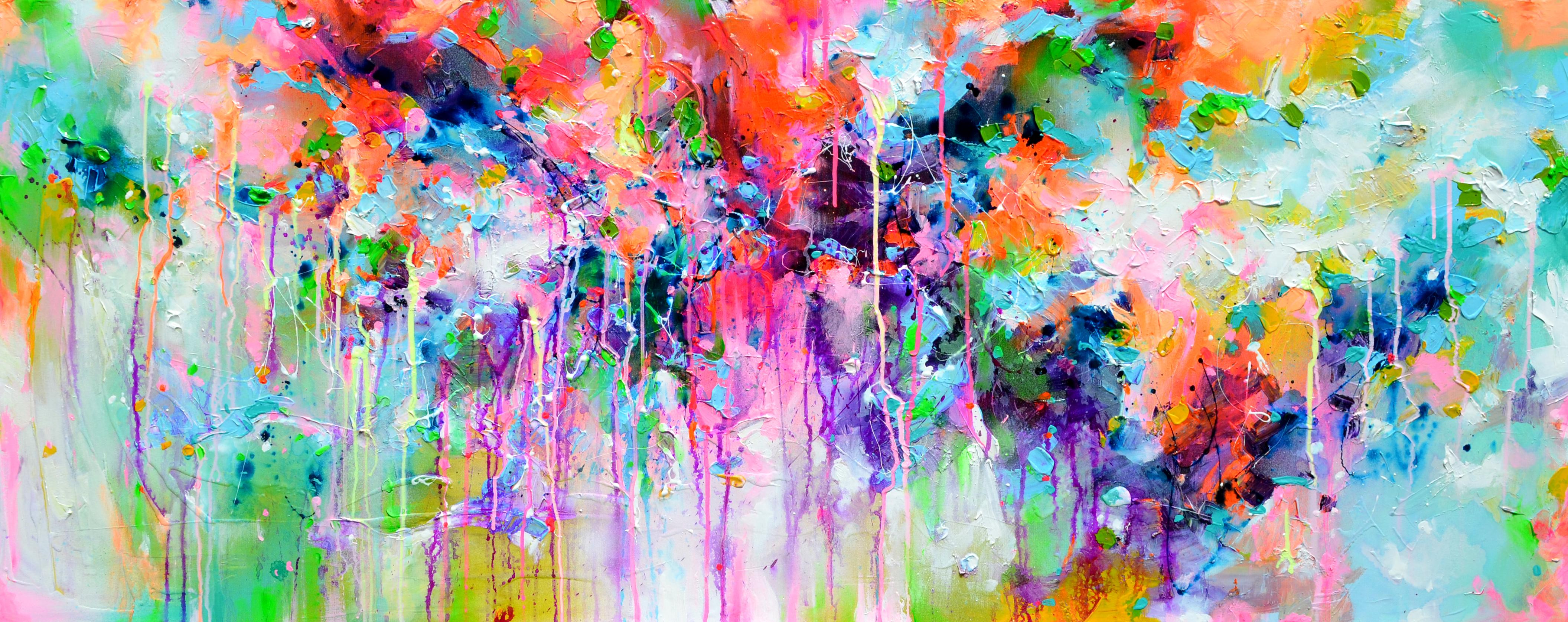 Soos Roxana Gabriela Interior Painting - Fresh Moods 110  - Large Abstract Pink and Pastel Blue Painting