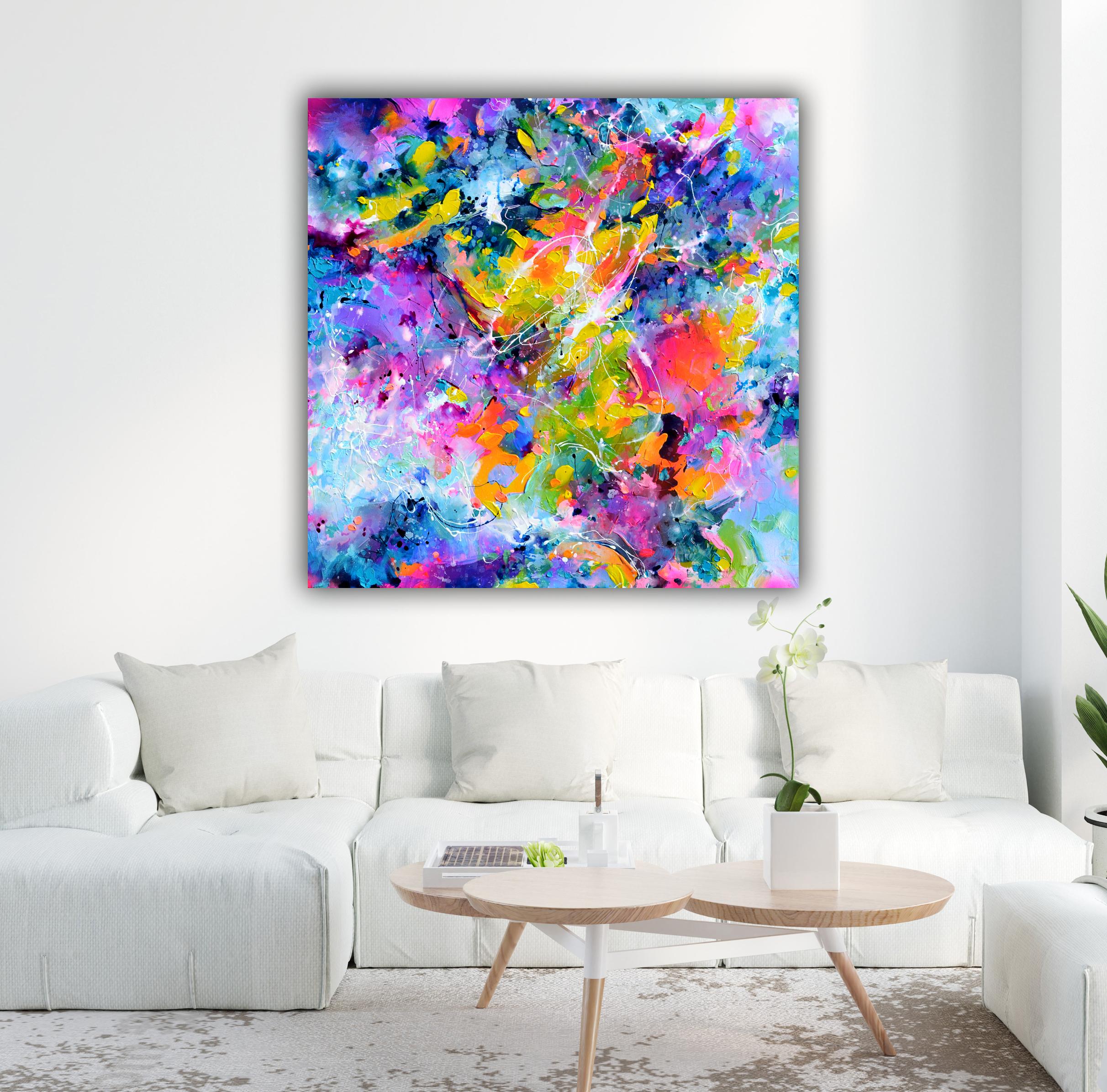 Süße Moods 111  - Großes abstraktes Gemälde in Rosa und Pastellblau – Painting von Soos Roxana Gabriela
