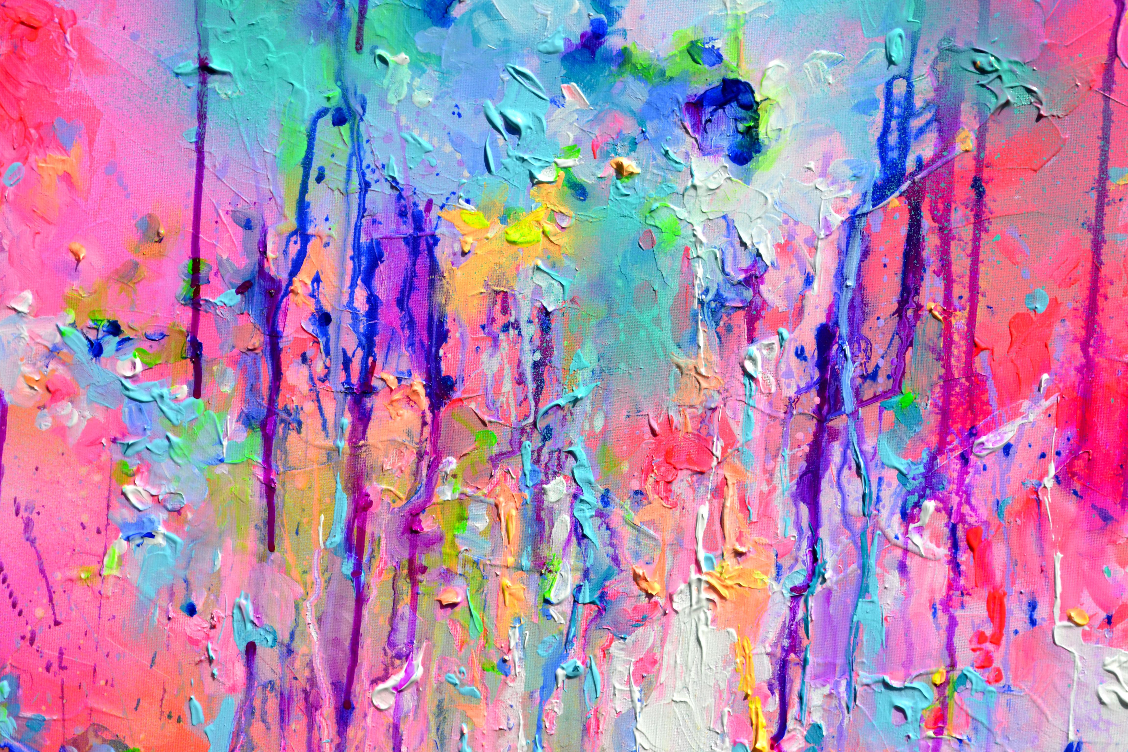 Galleria di qualità. Pronto per essere appeso con i bordi dipinti

Un bellissimo quadro astratto moderno, fatto a mano al 100%, realizzato con acrilici professionali verniciati e spray acrilici Amsterdam su tela pesante tesa. In questa opera d'arte
