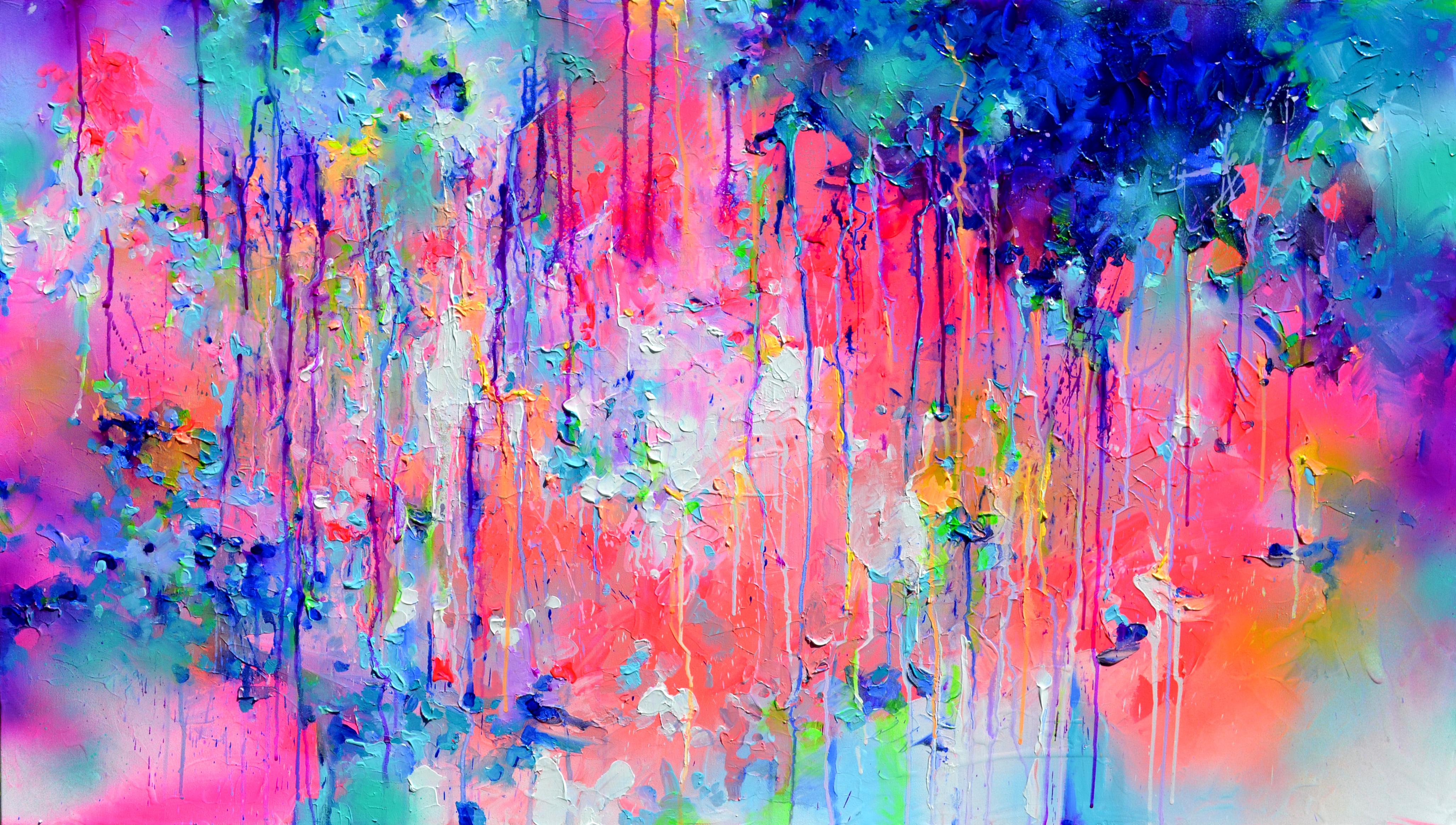 Abstract Painting di Soos Roxana Gabriela - Fresh Moods 94 - Quadro astratto di grandi dimensioni in viola, rosa e blu