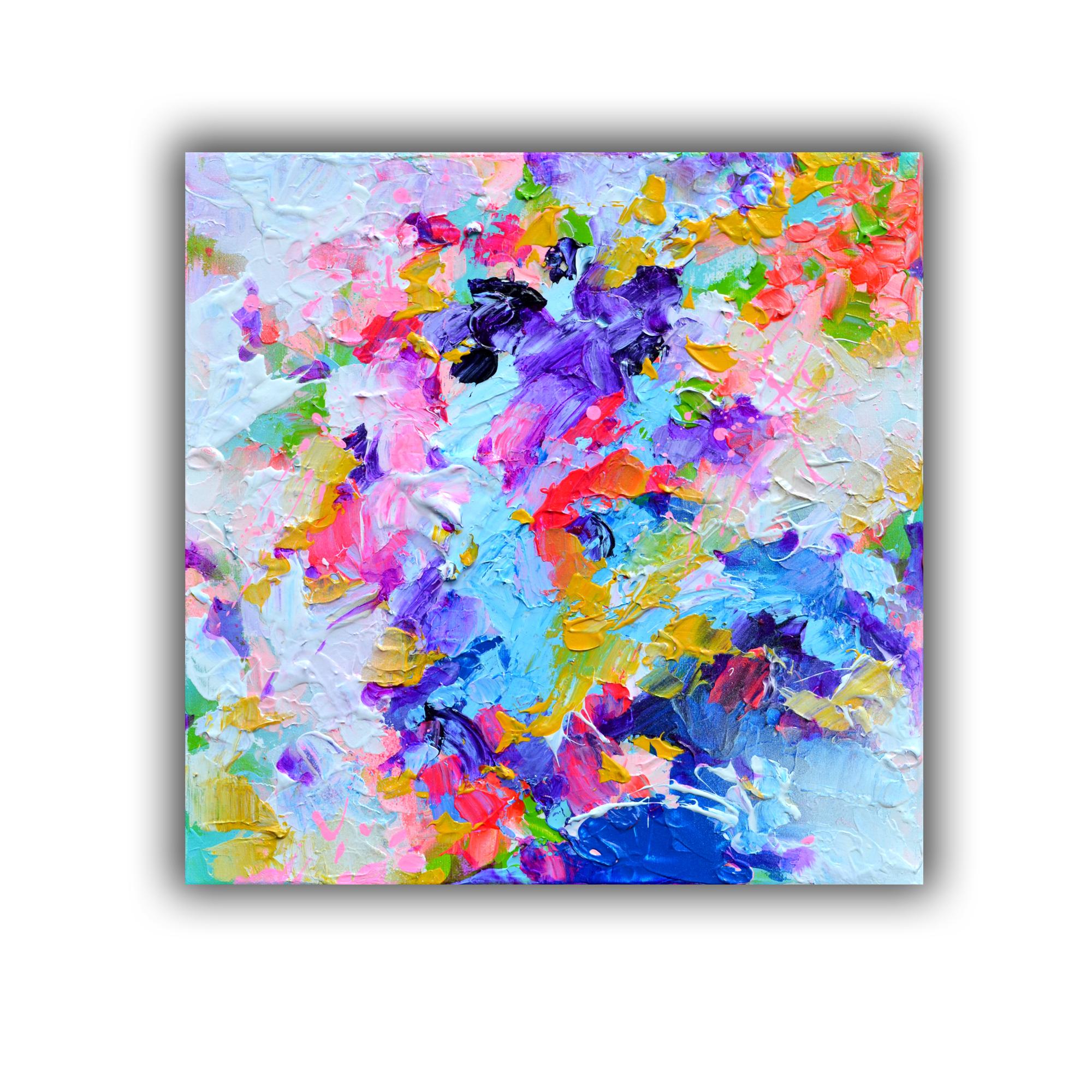 Fresh Moods 97 Pittura astratta a rilievo a coltello Giallo Rosa Blu - Painting di Soos Roxana Gabriela