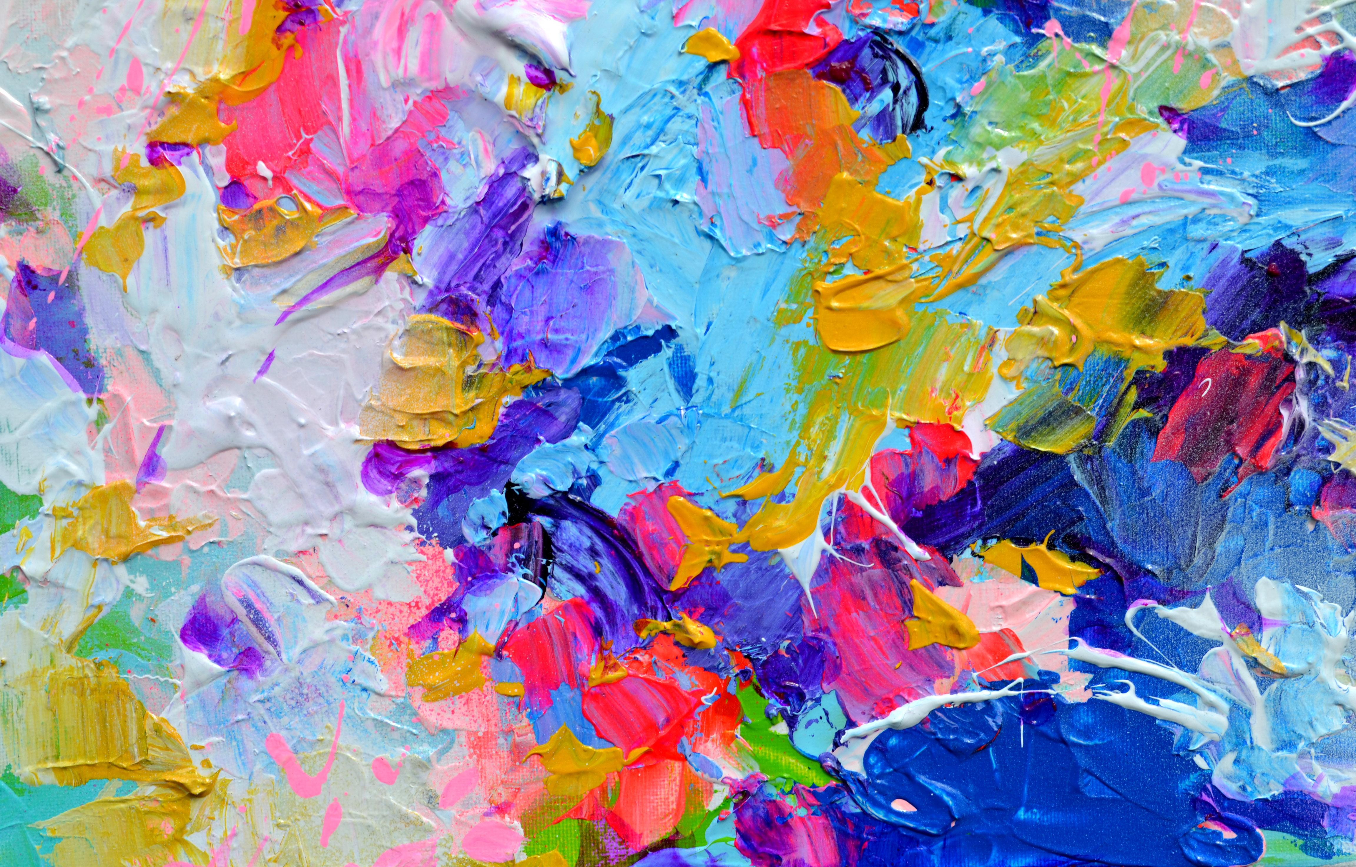 Fresh Moods 97 Pittura astratta a rilievo a coltello Giallo Rosa Blu - Abstract Painting Grigio di Soos Roxana Gabriela