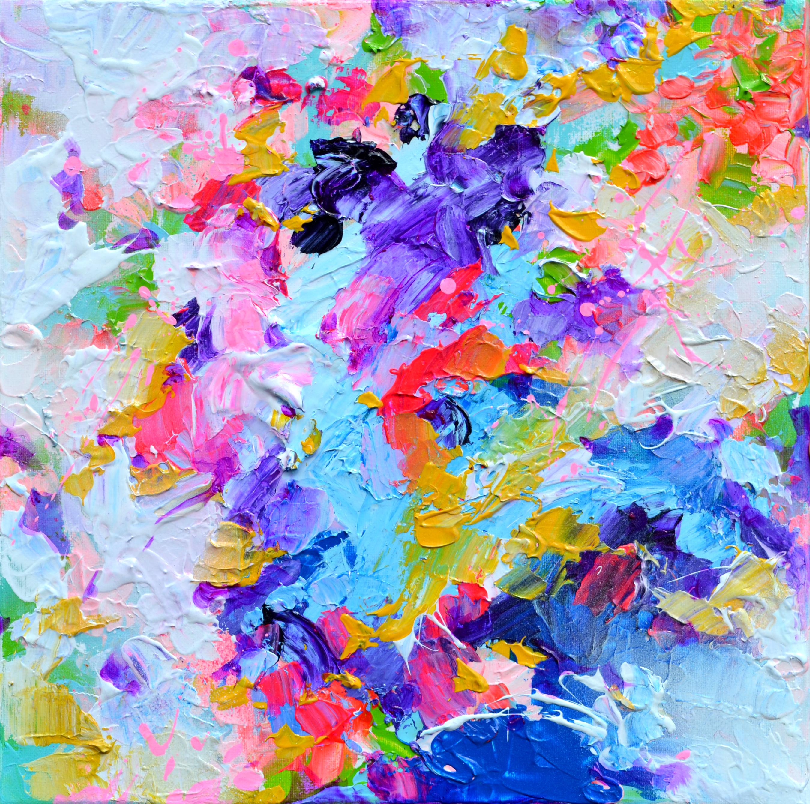 Abstract Painting di Soos Roxana Gabriela - Fresh Moods 97 Pittura astratta a rilievo a coltello Giallo Rosa Blu