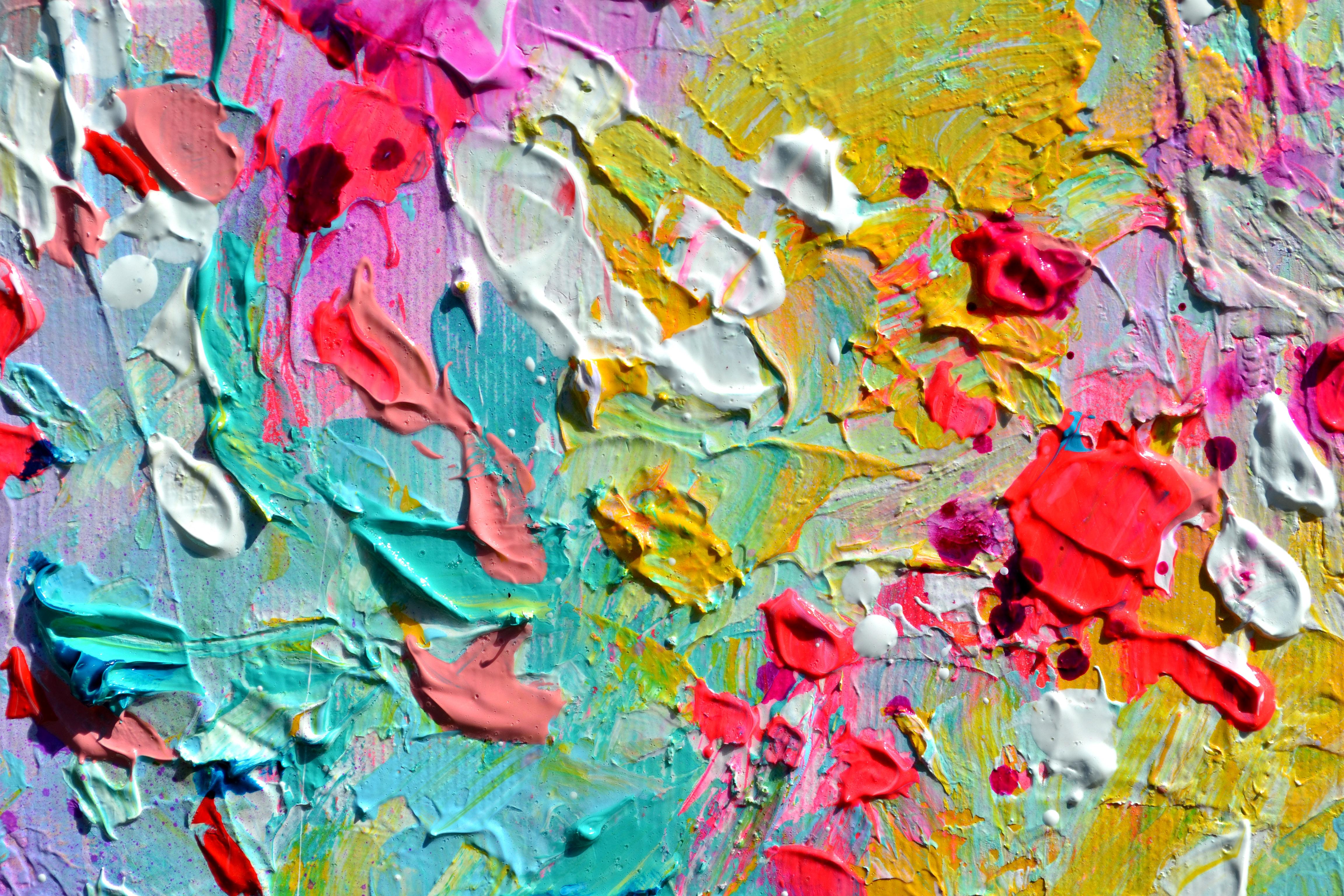 Technik: 3 gespannte Leinwände, Acrylfarben, Acryl-Amsterdam-Sprays, Firnis, Glasfarbe.
Abmessungen: insgesamt: 60X60X2 cm, 3 Stücke von 60x20x2 cm
Es ist auf der Vorderseite von der Künstlerin signiert und datiert: Soos Roxana Gabriela, alle