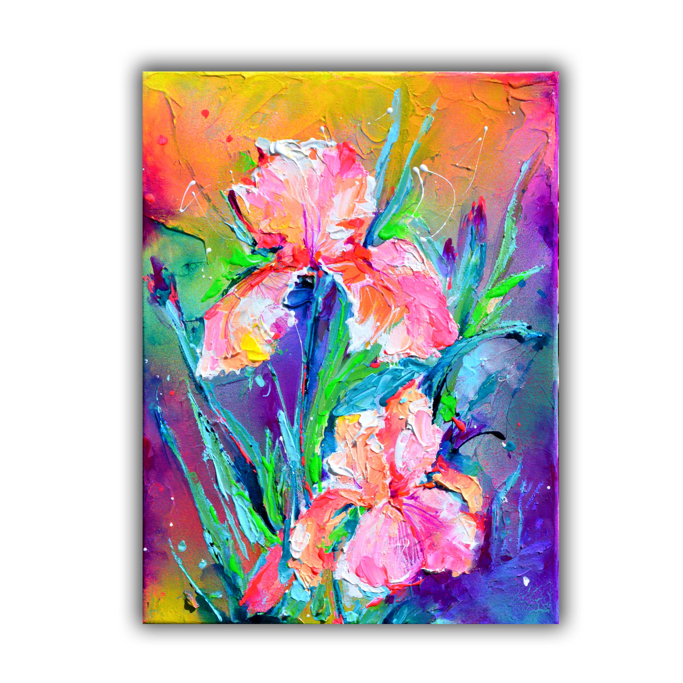 Iris-Blumenstrauß - Kleines Iris-Gemälde, Zinn-Iris-Gemälde, Textur-Blumenkunst – Painting von Soos Roxana Gabriela