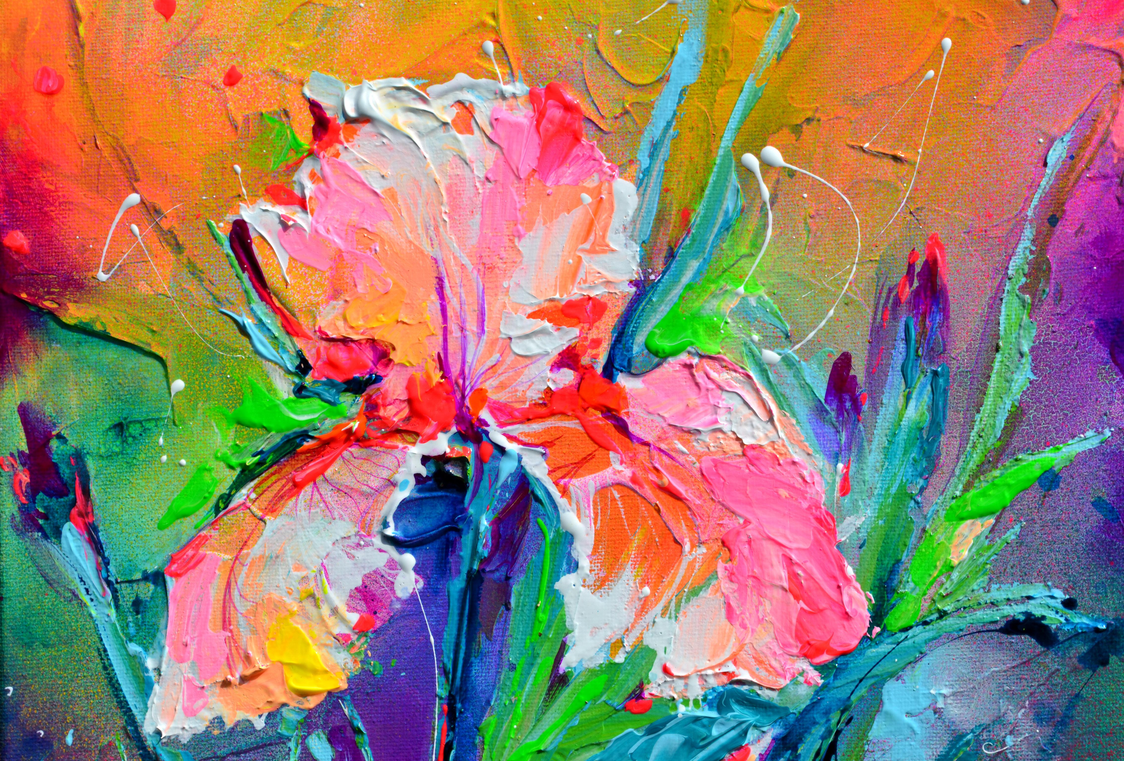 Bouquet d'Iris petite peinture d'Iris, Peinture d'Iris minuscule, Texture Floral Art - Impressionnisme Painting par Soos Roxana Gabriela