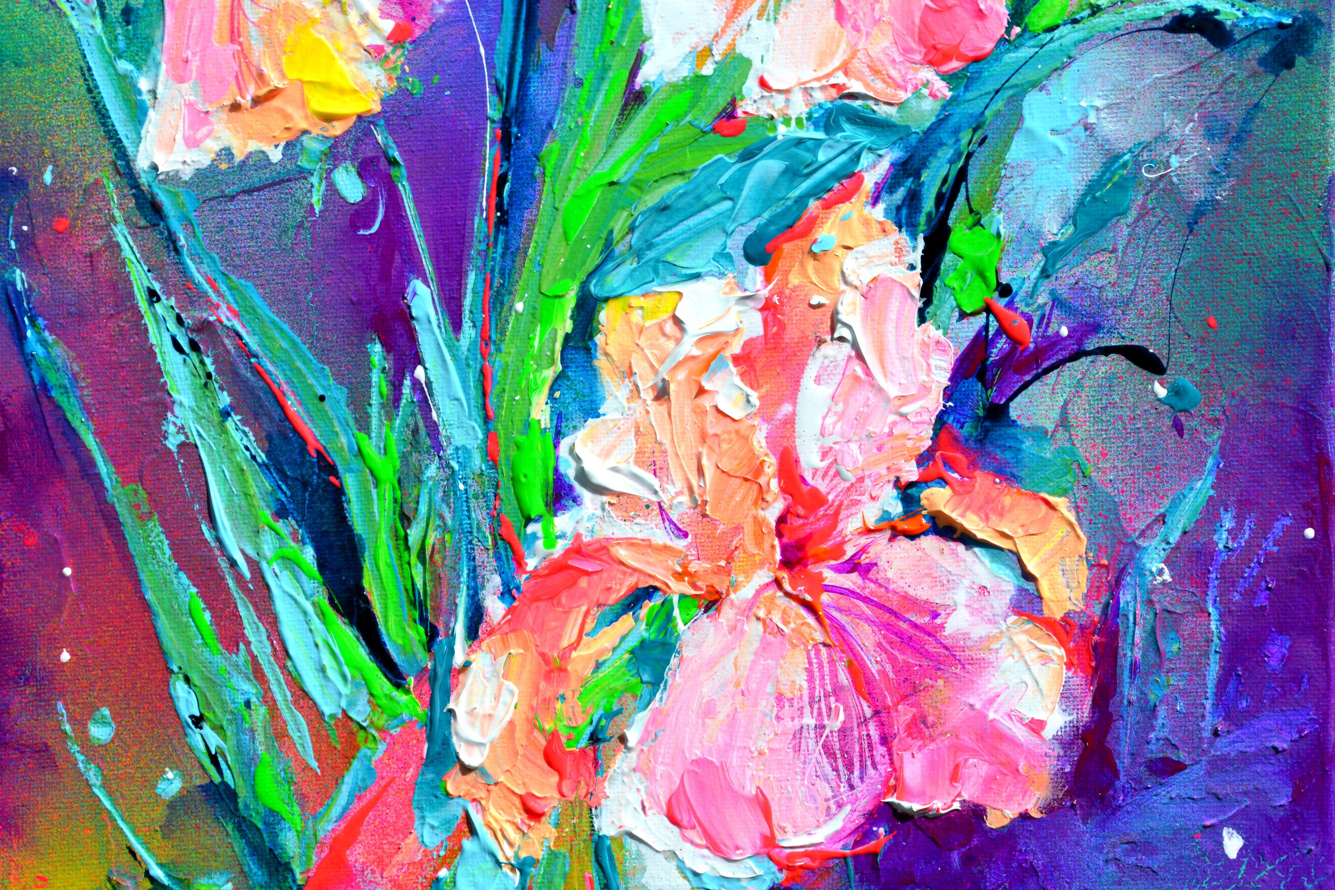 Iris Bouquet - Small Iris Painting, Tiny Iris Painting, Texture Floral Art For Sale 2