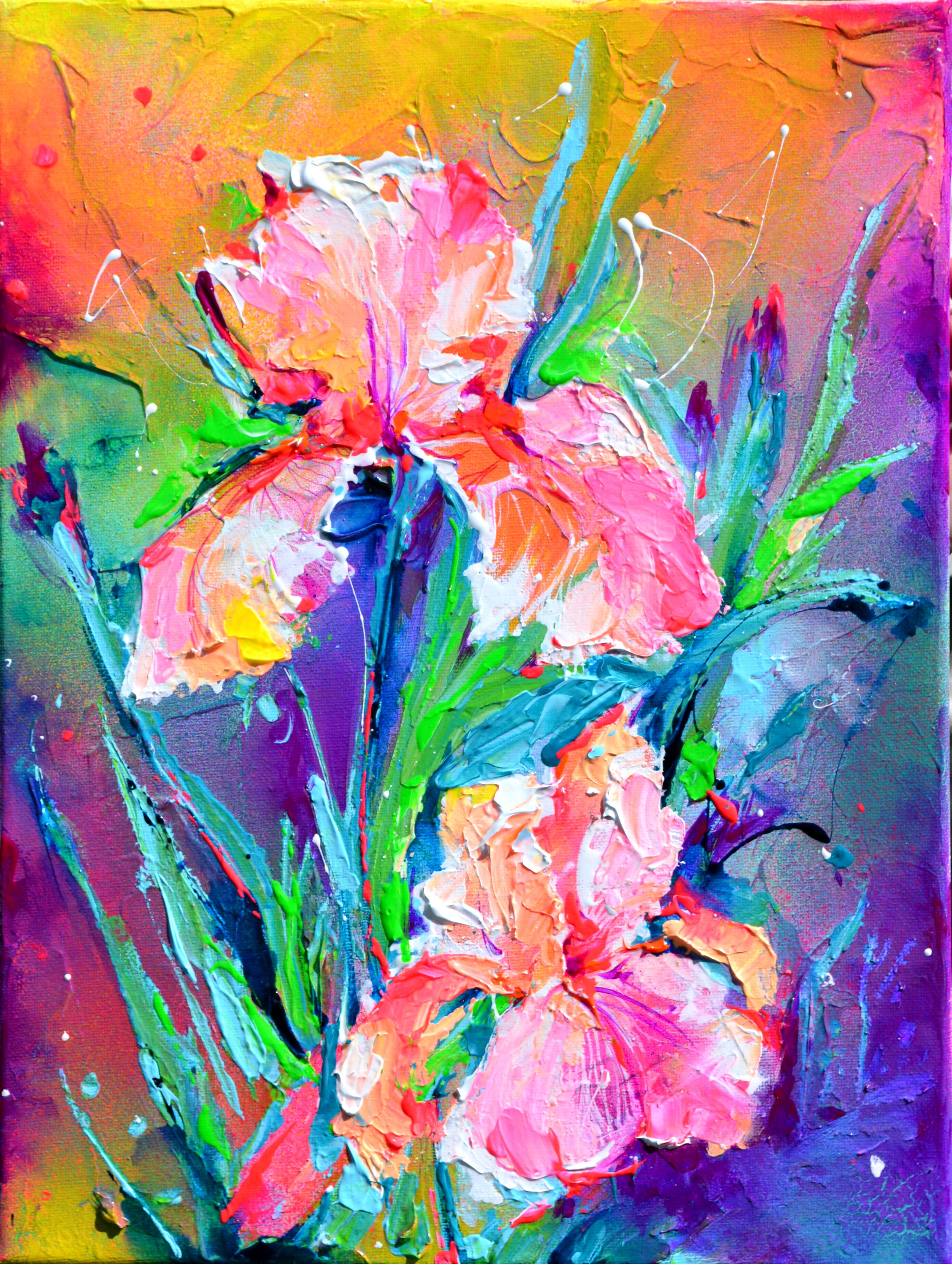 Landscape Painting Soos Roxana Gabriela - Bouquet d'Iris petite peinture d'Iris, Peinture d'Iris minuscule, Texture Floral Art
