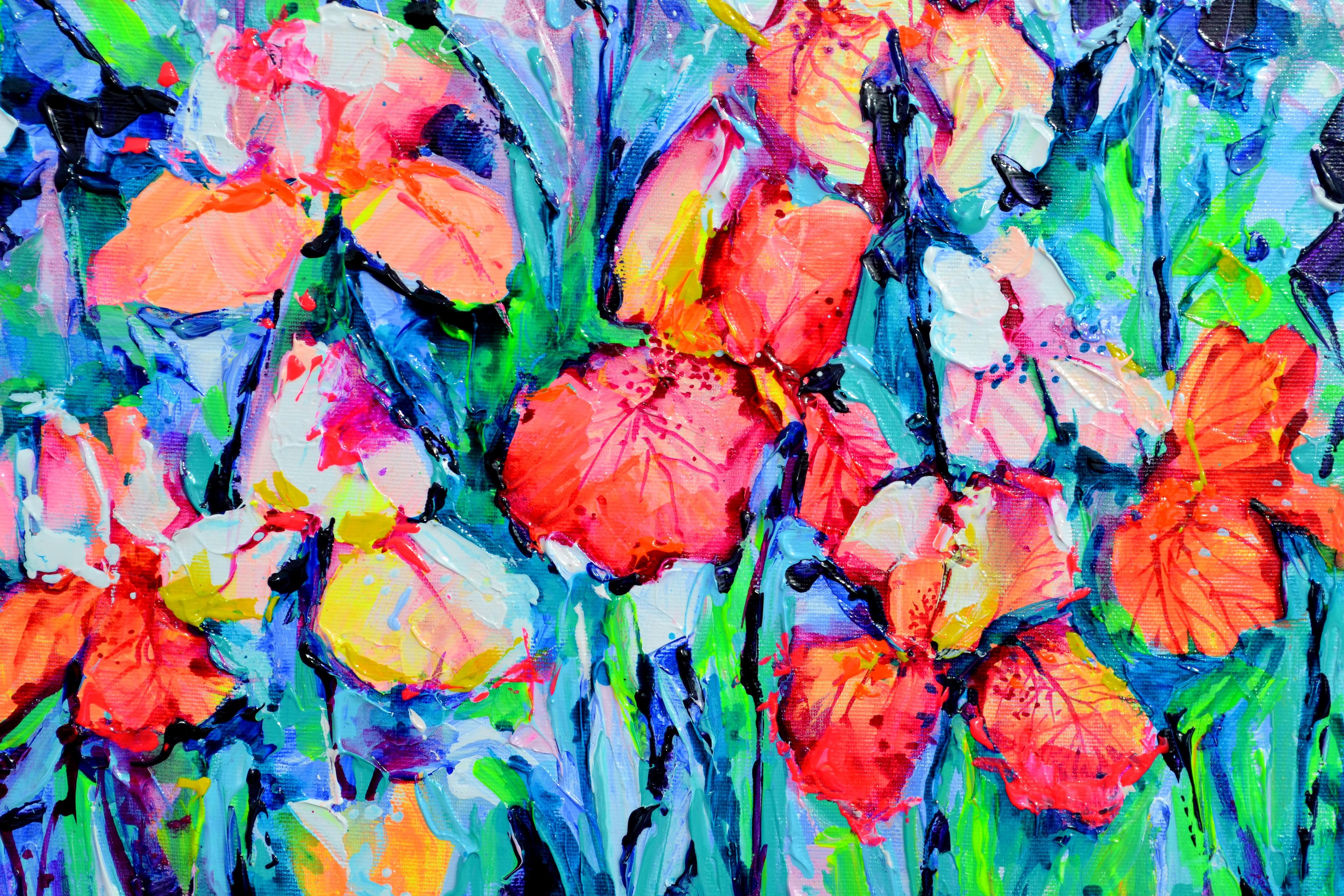 Field à fleurs iris - Gris Landscape Painting par Soos Roxana Gabriela