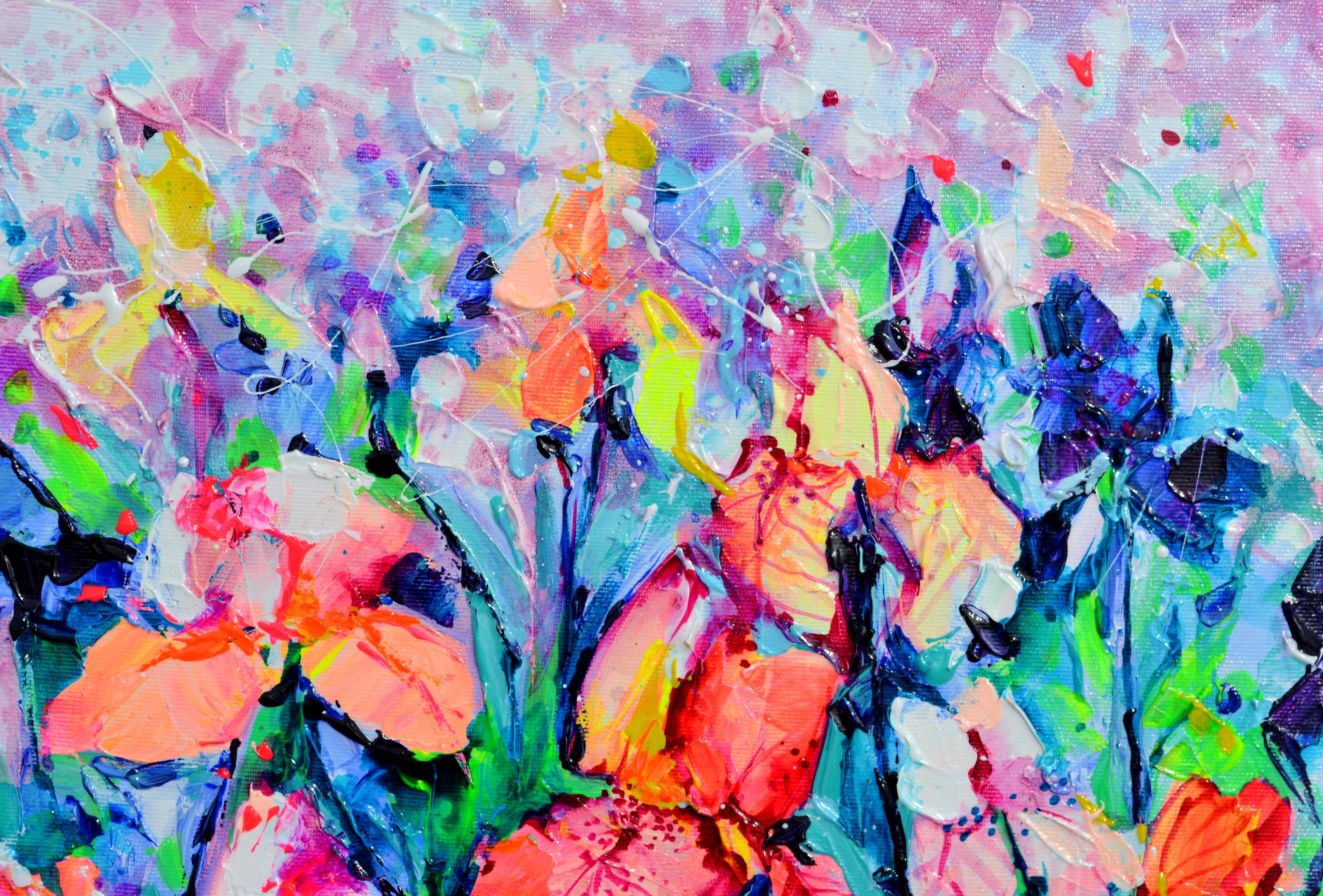 Prêt à être accroché avec les bords peints.
Une belle peinture moderne de champ d'iris, réalisée avec des acryliques vernis professionnels et des sprays acryliques d'Amsterdam sur une toile lourde tendue.
Dimensions : 40x40x4 cm, 15.8x15.8x1.6