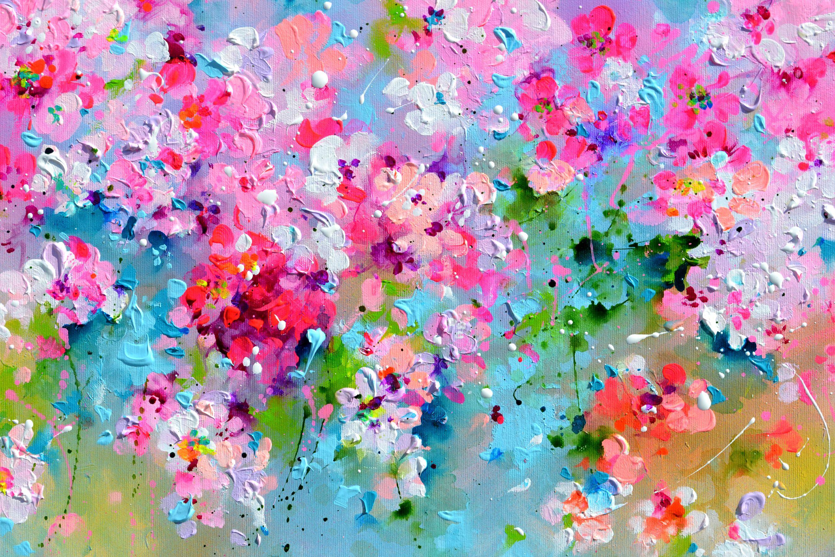 READY TO HANG - GALLERY QUALITY  A beautiful modern floral painting, made with professional varnished acrylics and Amsterdam acrylic sprays on stretched heavy canvas.  I ship this marvellous artwork ready to hang.  Dimensions: 120X40X4 cm  It is