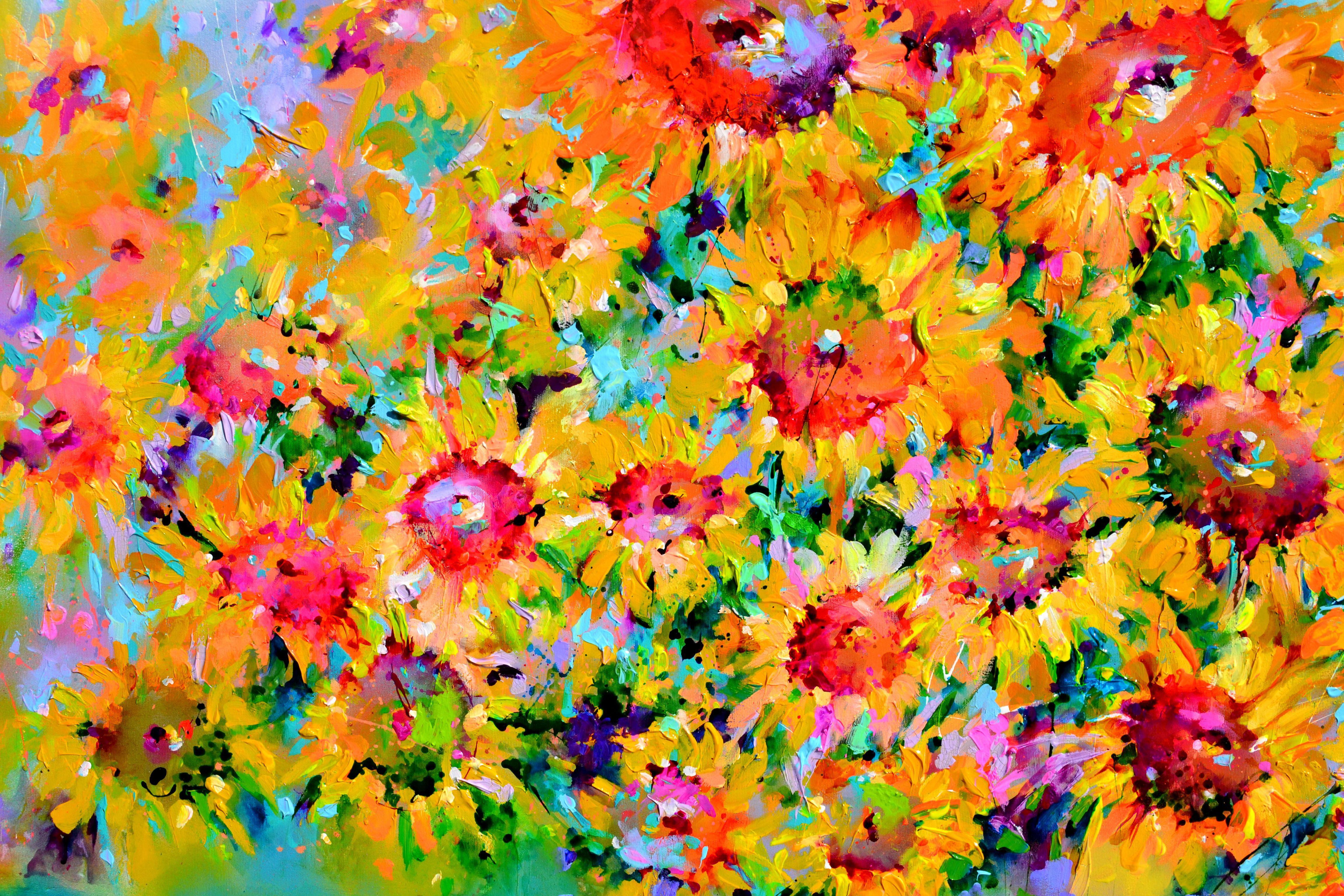 3D Gallery Quality - READY TO HANG - FREE SHIPPING  A beautiful havy textured modern floral painting, made with professional varnished acrylics and Amsterdam acrylic sprays on stretched heavy canvas.  I ship this marvellous artwork ready to hang. 
