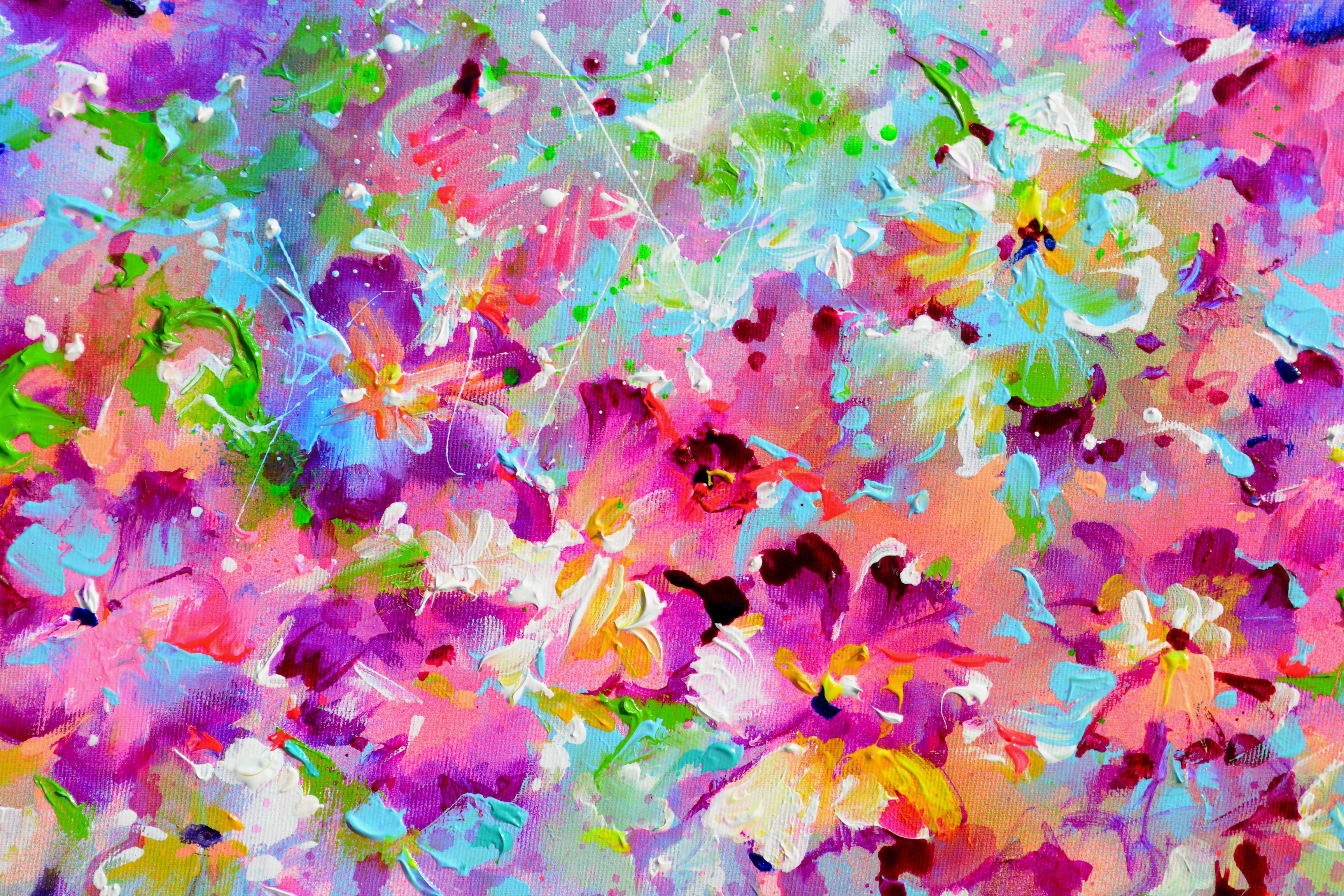 READY TO HANG, GALLERY QUALITY  A beautiful modern abstract floral painting, made with professional varnished acrylics and Amsterdam acrylic sprays on stretched heavy canvas.  I ship this marvellous artwork ready to hang with the edges painted. 