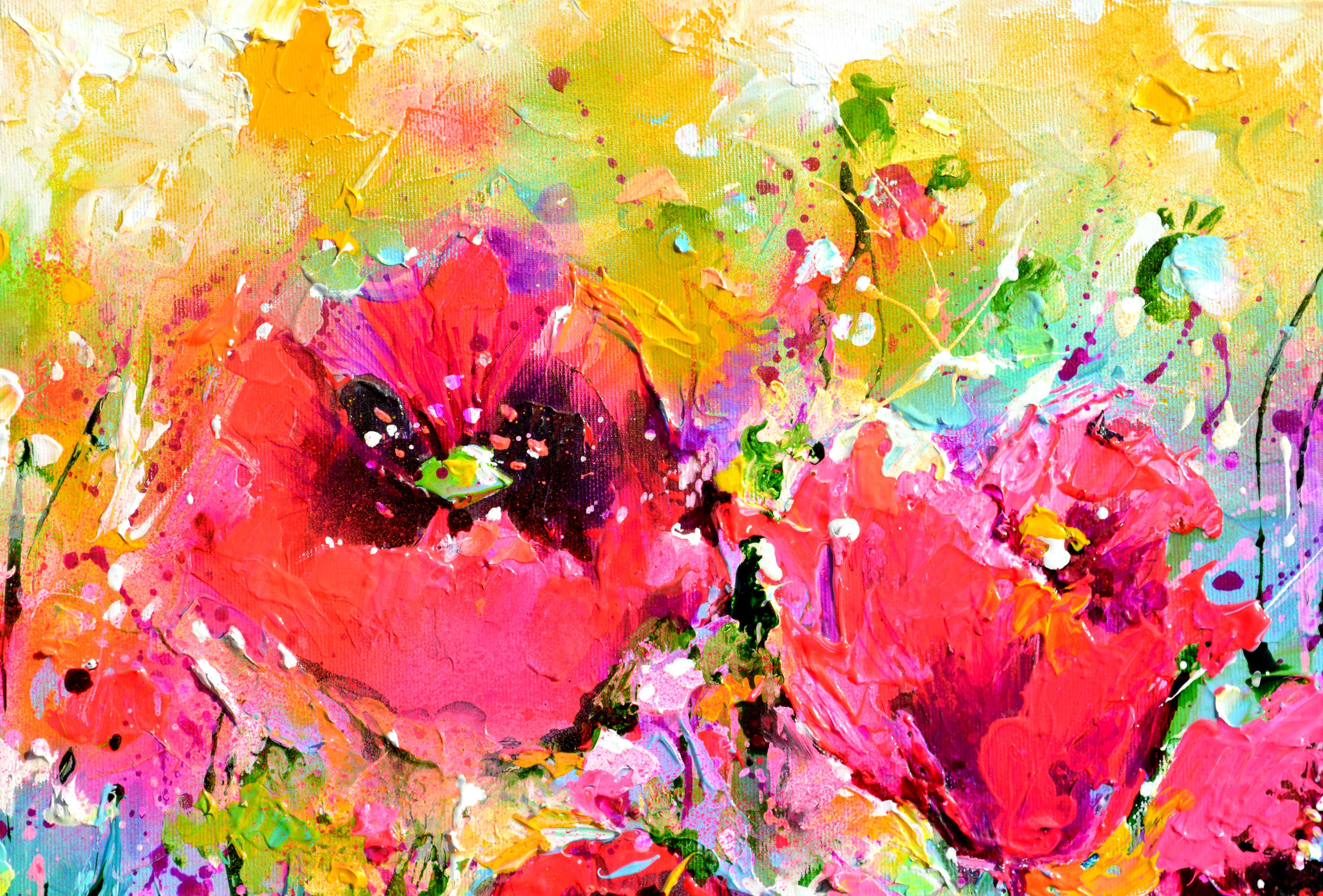 3D GALLERY QUALITY - READY TO HANG PAINTING  A beautiful modern Opium Poppies field painting, made with professional varnished acrylics and Amsterdam acrylic sprays on stretched heavy canvas.  I ship this marvellous artwork ready to hang. 