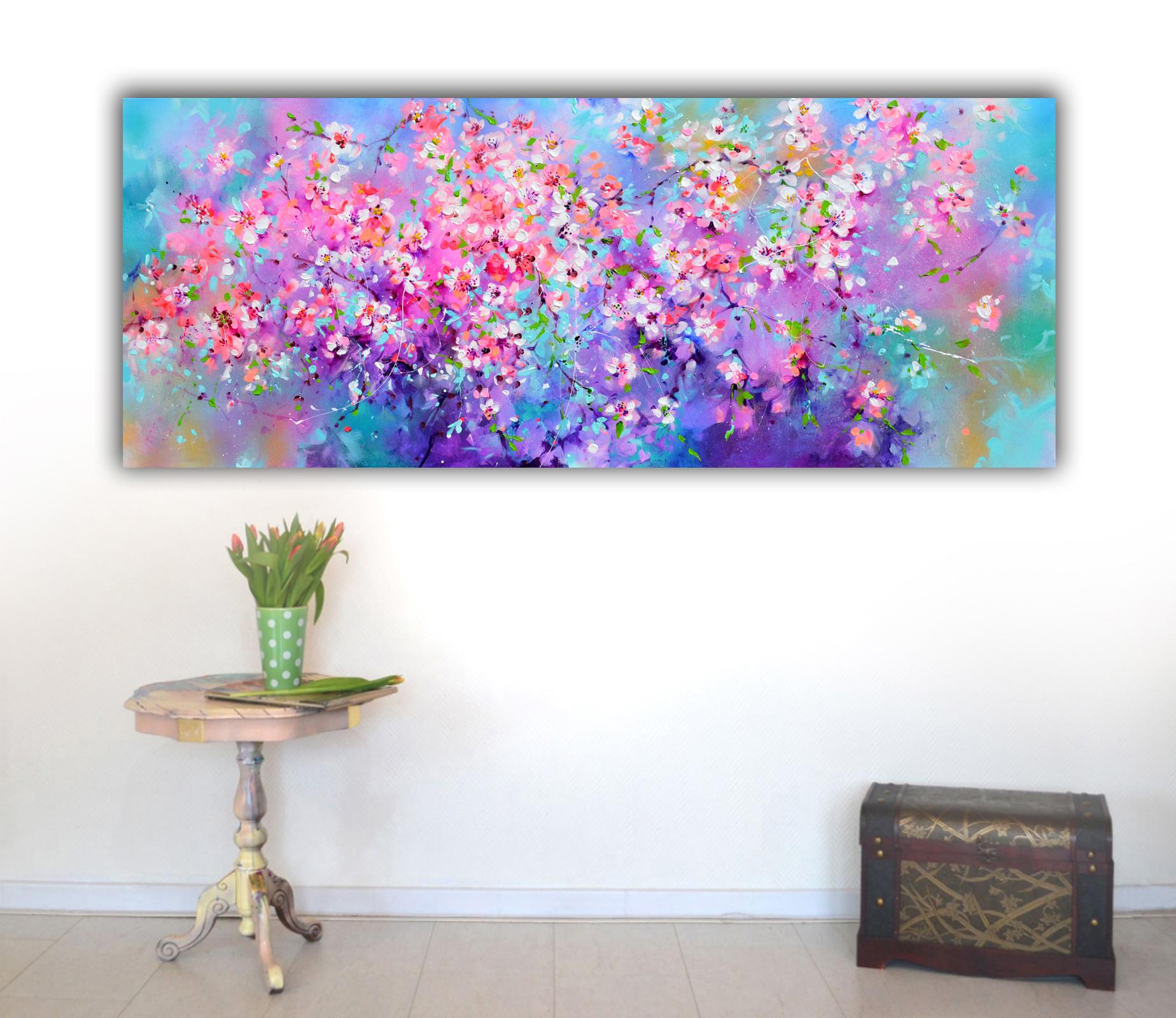 I've Dreamed 55 - Sakura Colorful Blossom - 150x60 cm, Palette Knife Modern Art - Painting by Soos Roxana Gabriela