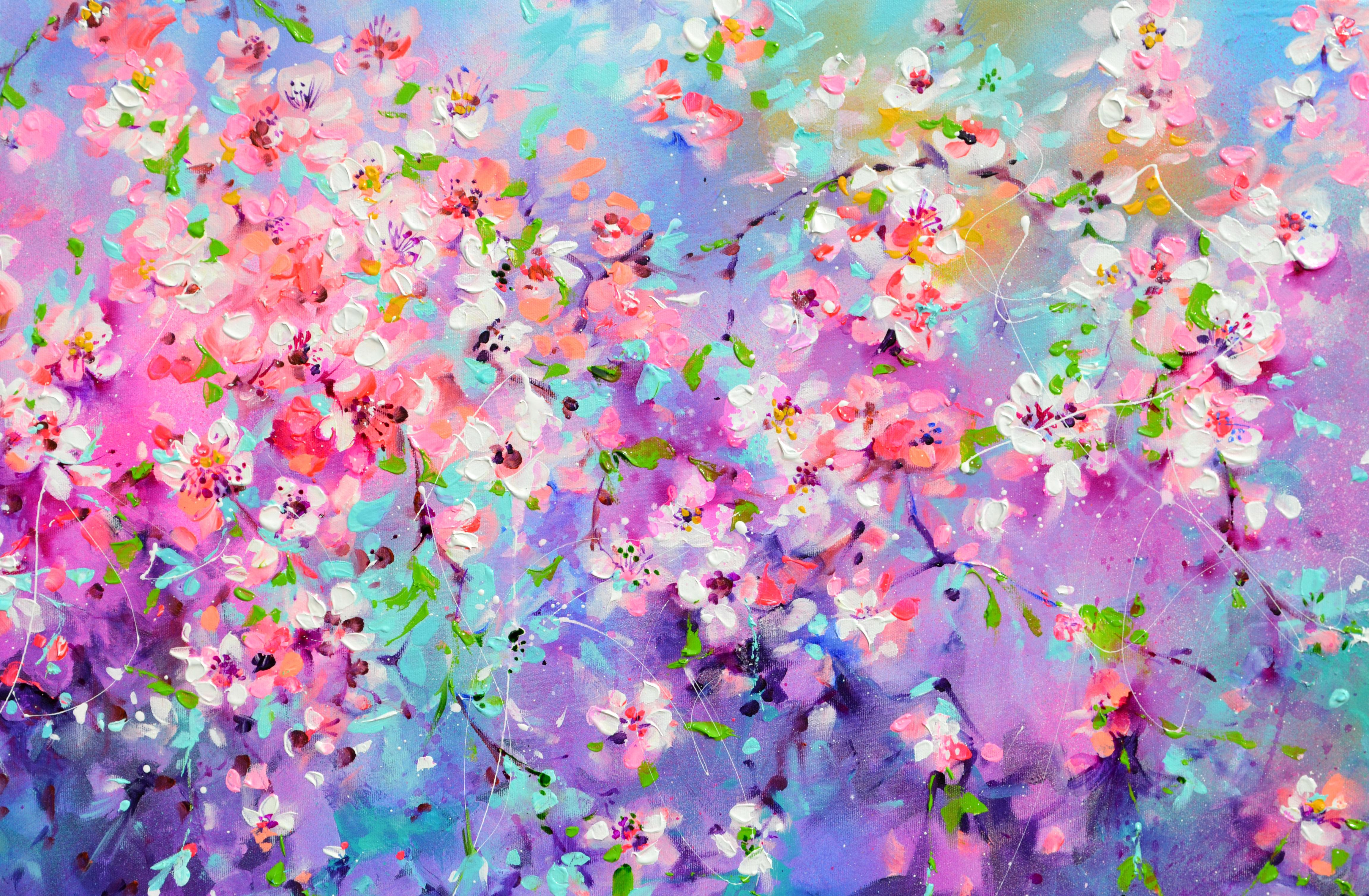 I've Dreamed 55 - Sakura Colorful Blossom - 150x60 cm, Palette Knife Modern Art - Impressionist Painting by Soos Roxana Gabriela