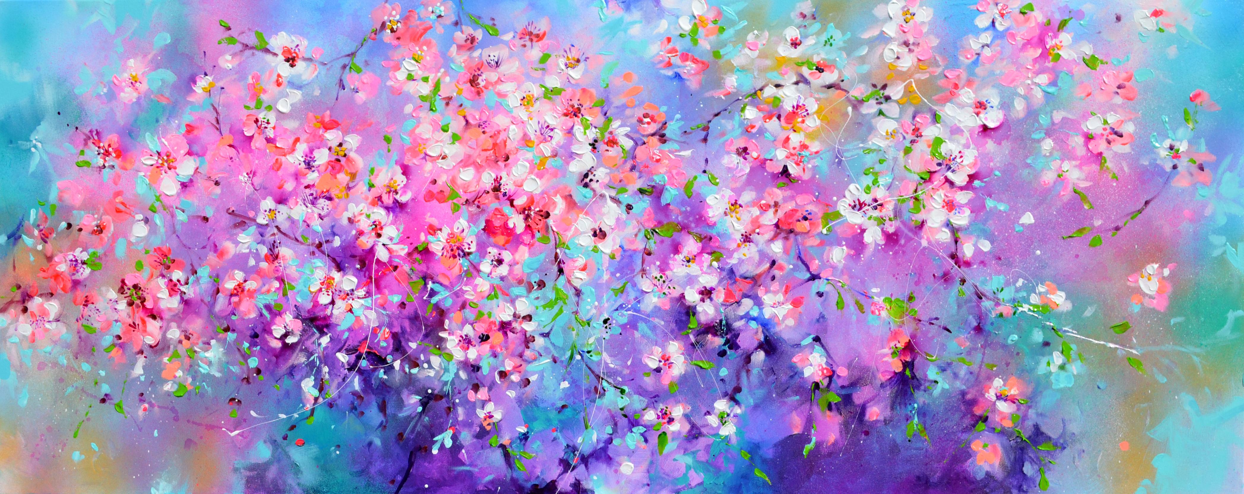 Landscape Painting di Soos Roxana Gabriela - I've Dreamed 55 - Sakura Colorful Blossom - 150x60 cm, Palette Knife Modern Art