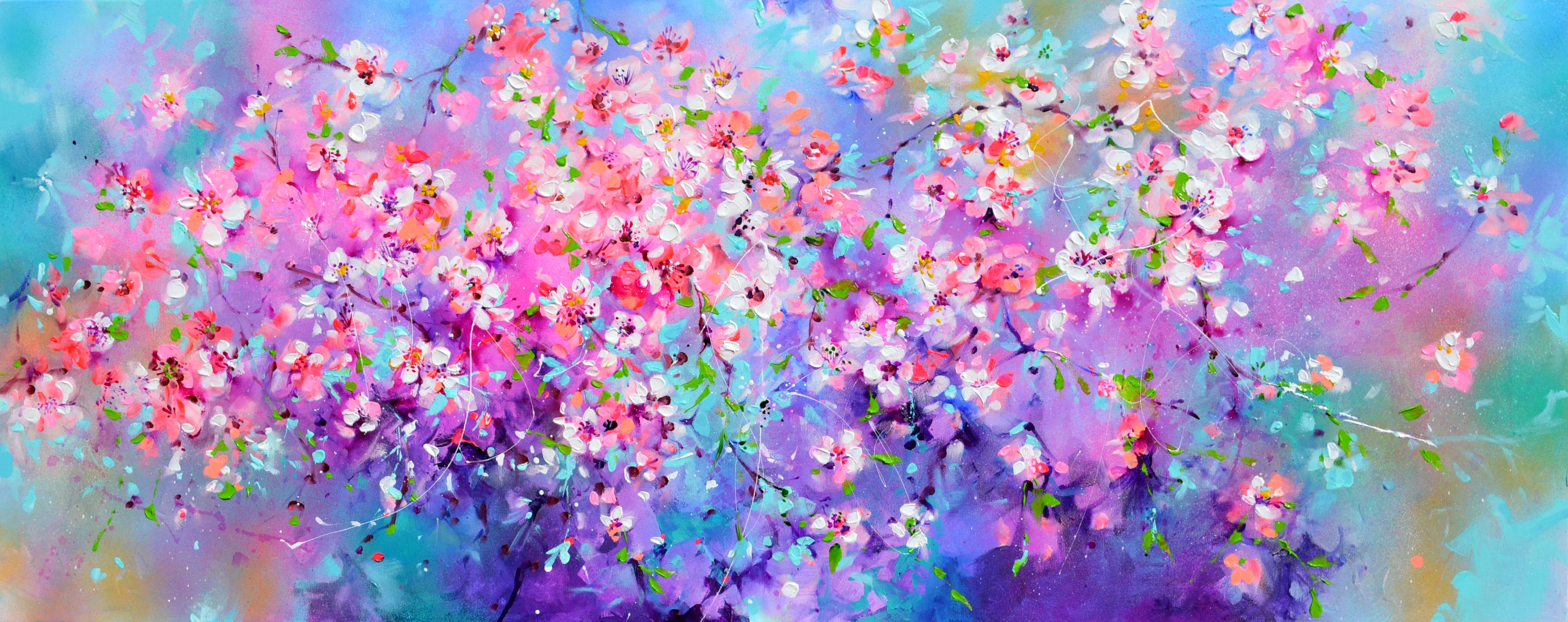 Soos Roxana Gabriela Landscape Painting - I've Dreamed 55 - Sakura Colorful Blossom - 150x60 cm, Palette Knife Modern Art