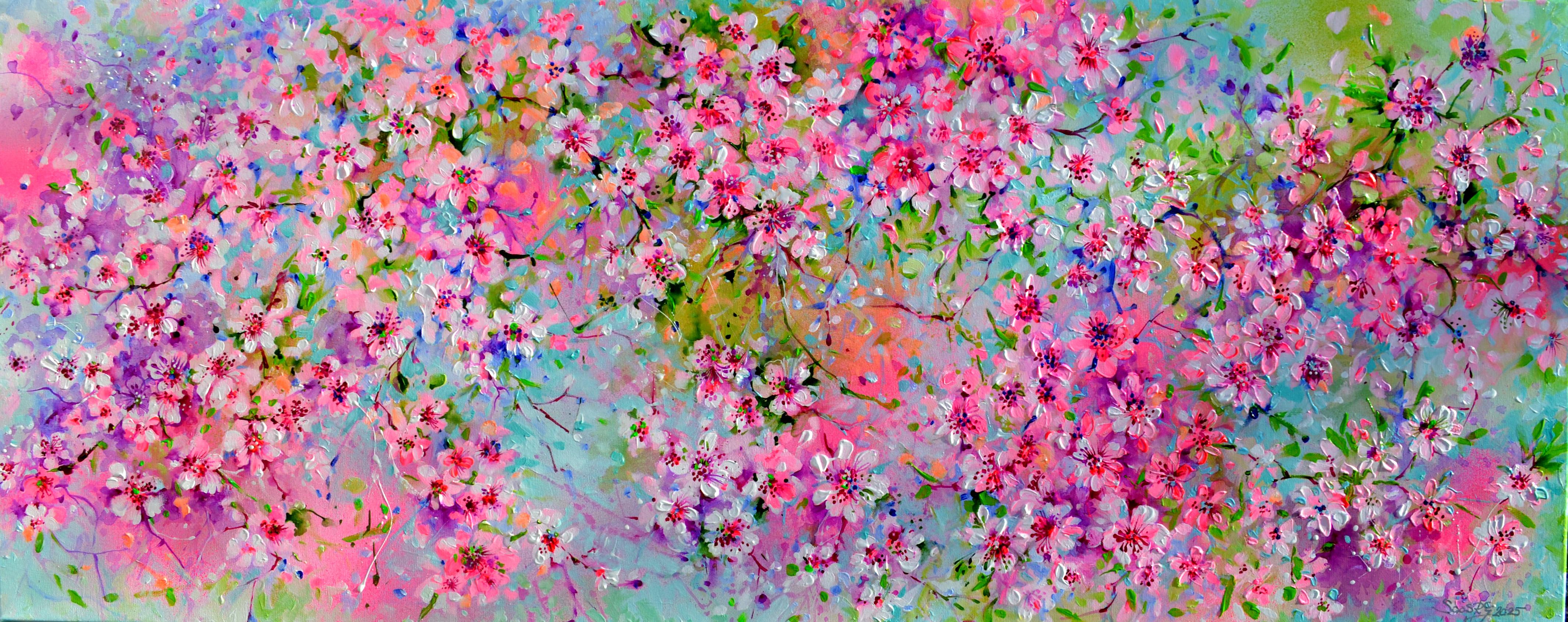 Sakura Cherry Tree Flower Blossom Acrylic Painting, Signed Impressionist