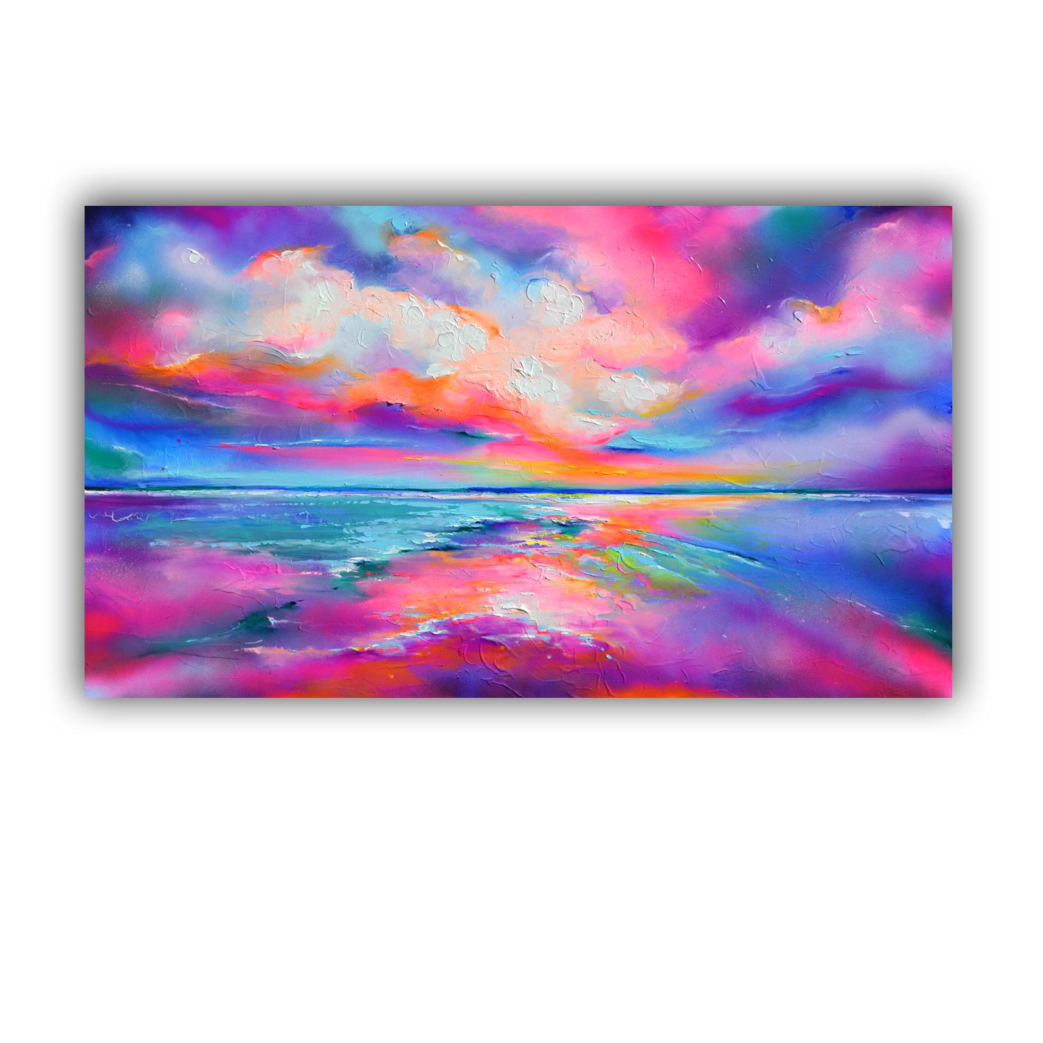 READY TO HANG with the edges painted.

A beautiful modern landscape, abstract, made with professional varnished acrylics and Amsterdam acrylic sprays on stretched heavy canvas.

I ship this marvellous artwork ready to hang.

Dimensions: 140X80X2 cm