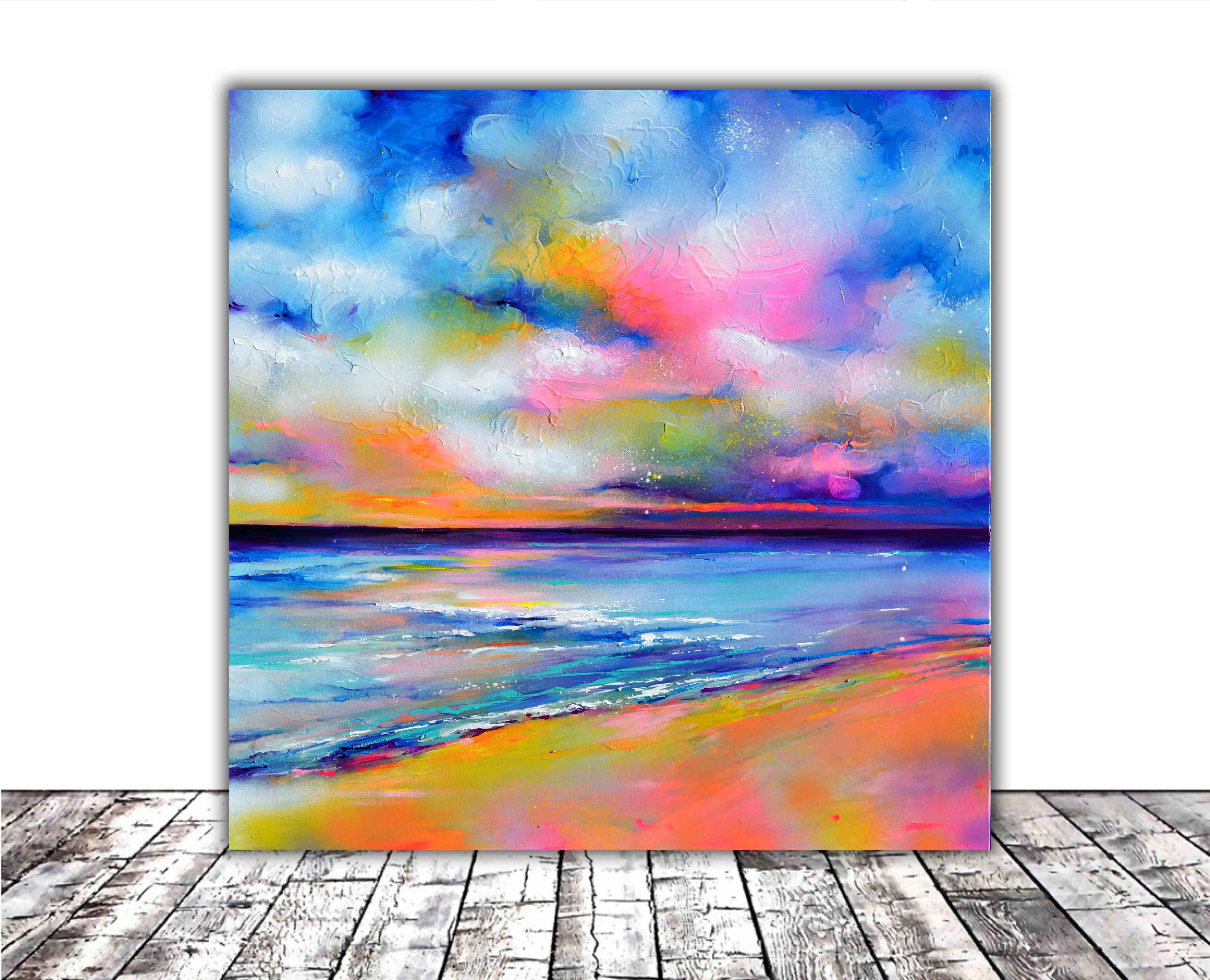 Nuevo Horizonte 175 Colorido paisaje marino al atardecer - Painting de Soos Roxana Gabriela