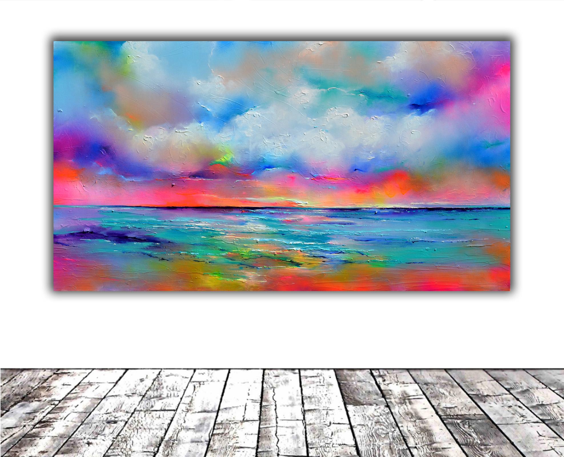 New Horizon 180 - Paesaggio marino di grandi dimensioni, tramonto, alba, oceano, pittura su spiaggia - Painting di Soos Roxana Gabriela