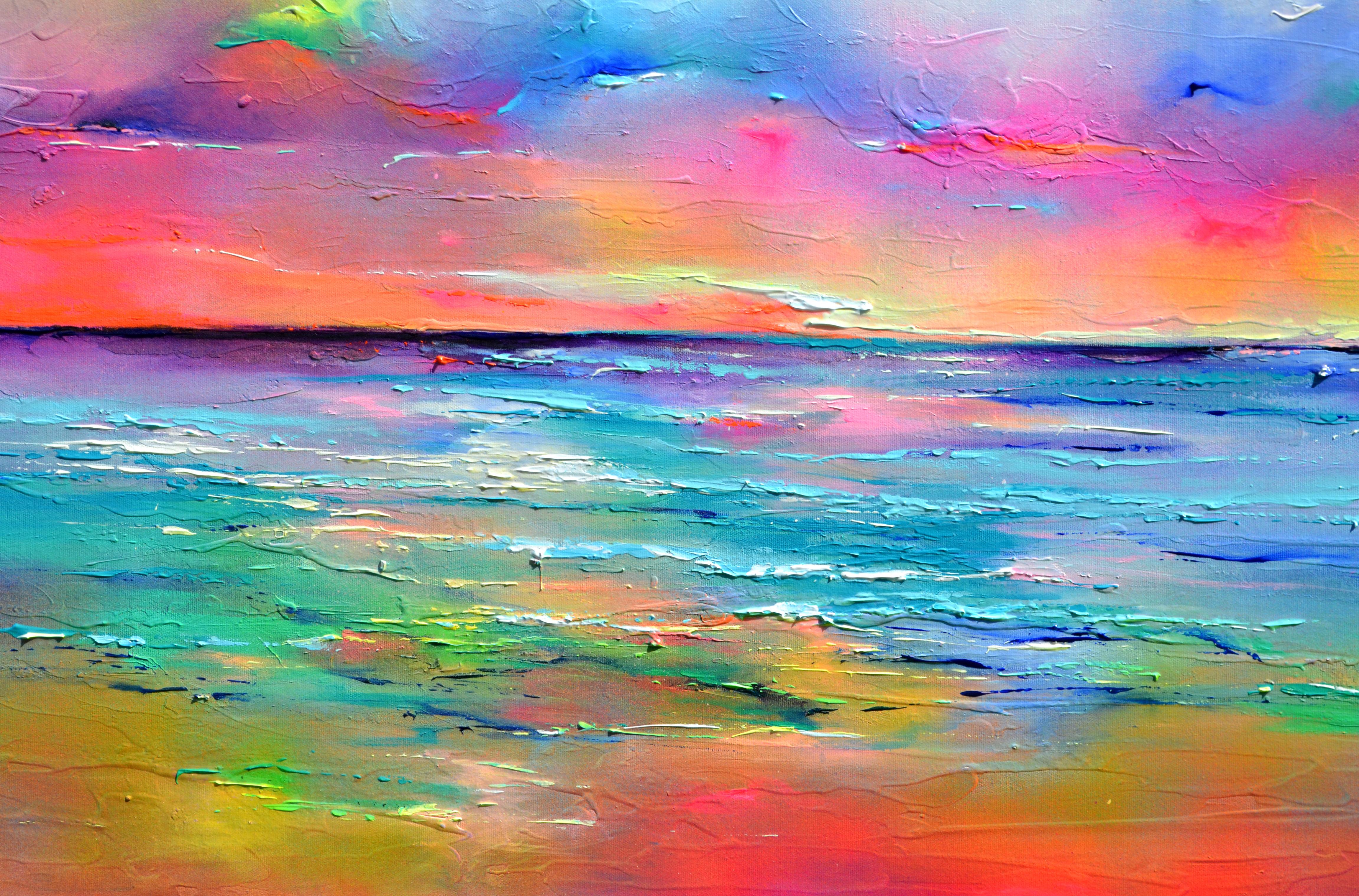 New Horizon 180 - Paesaggio marino di grandi dimensioni, tramonto, alba, oceano, pittura su spiaggia - Painting Impressionismo di Soos Roxana Gabriela