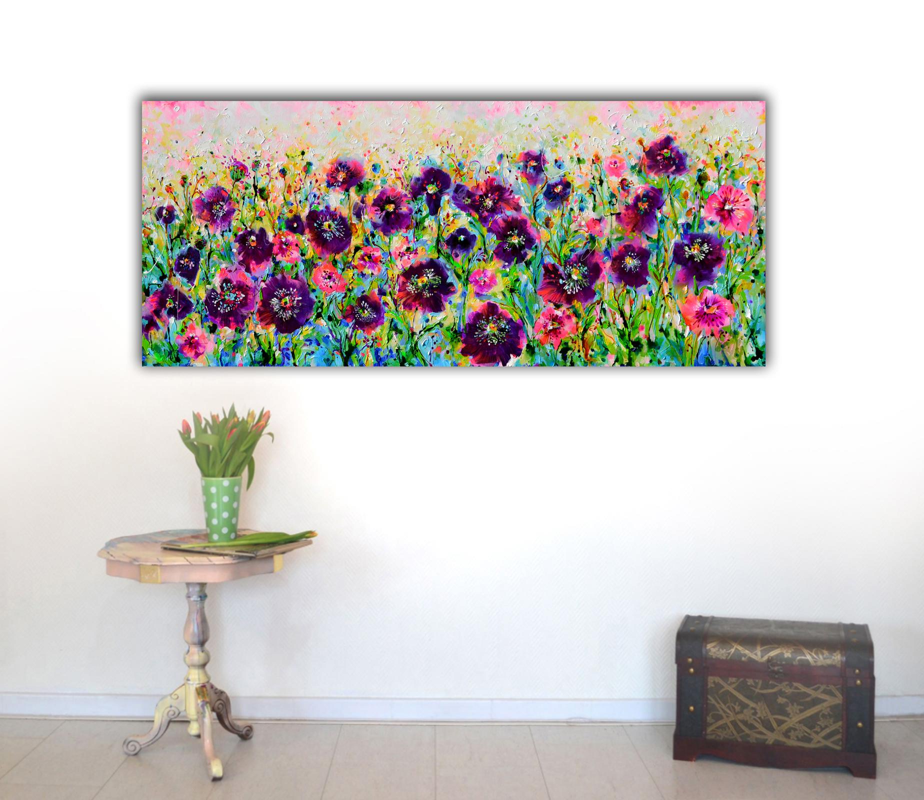 Opium Poppy Field, Pink and Purple Opium Poppies – Painting von Soos Roxana Gabriela