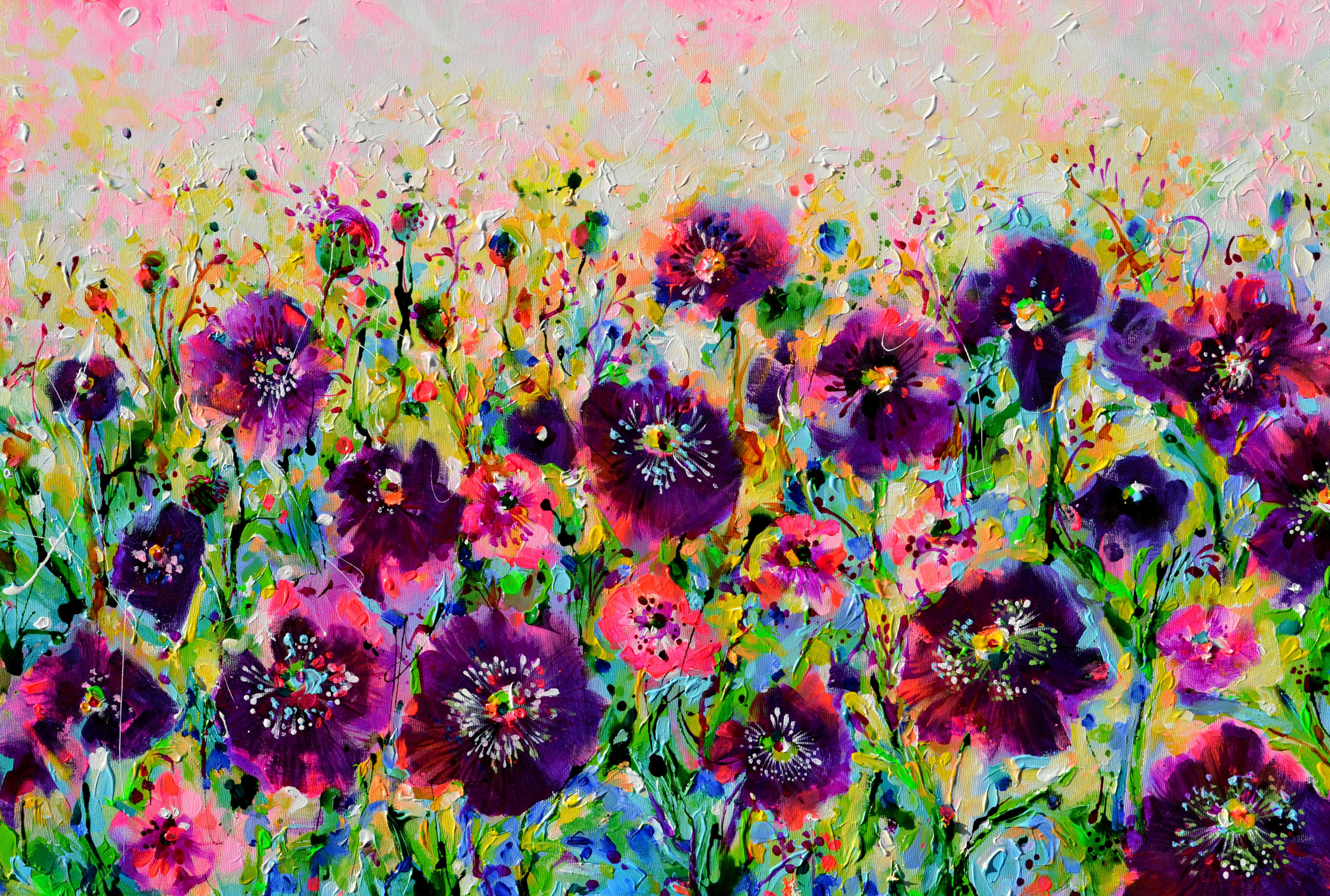 Opium Poppy Field, Pink and Purple Opium Poppies (Impressionismus), Painting, von Soos Roxana Gabriela