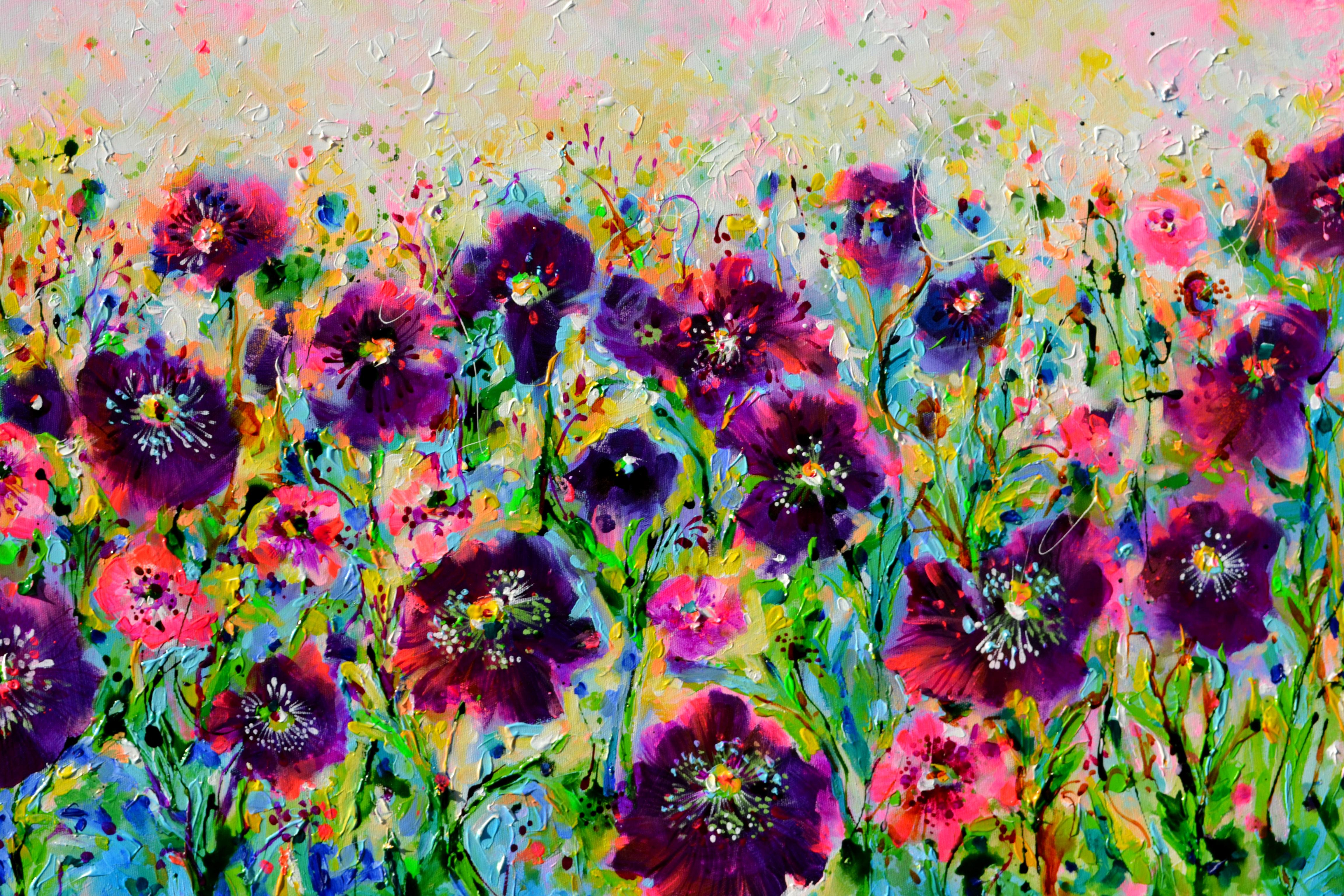 Opium Poppy Field, Pink and Purple Opium Poppies (Braun), Landscape Painting, von Soos Roxana Gabriela