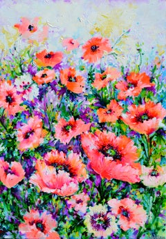 Oriental Poppies - Pink and Red Poppy Spring Flower Field Painting Signed 2026