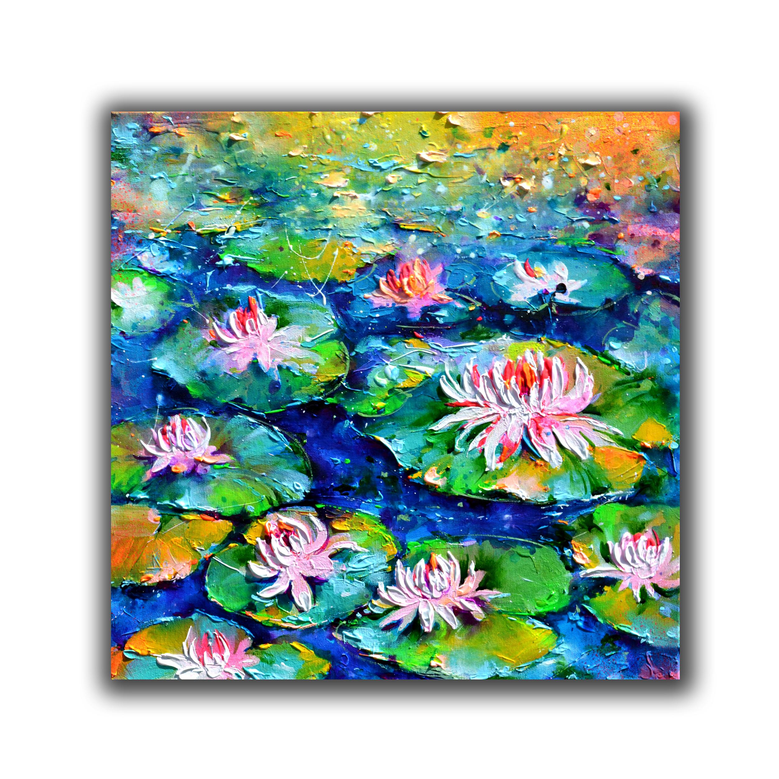 Pink and White Water Lilies on the Pond - Painting by Soos Roxana Gabriela