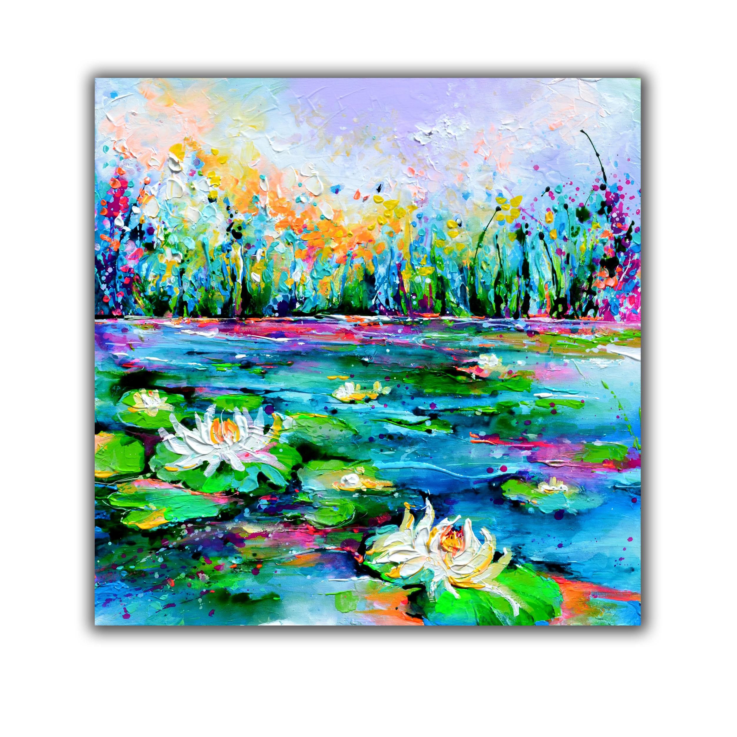 Lilies roses et blanches sur l'étang - Painting de Soos Roxana Gabriela