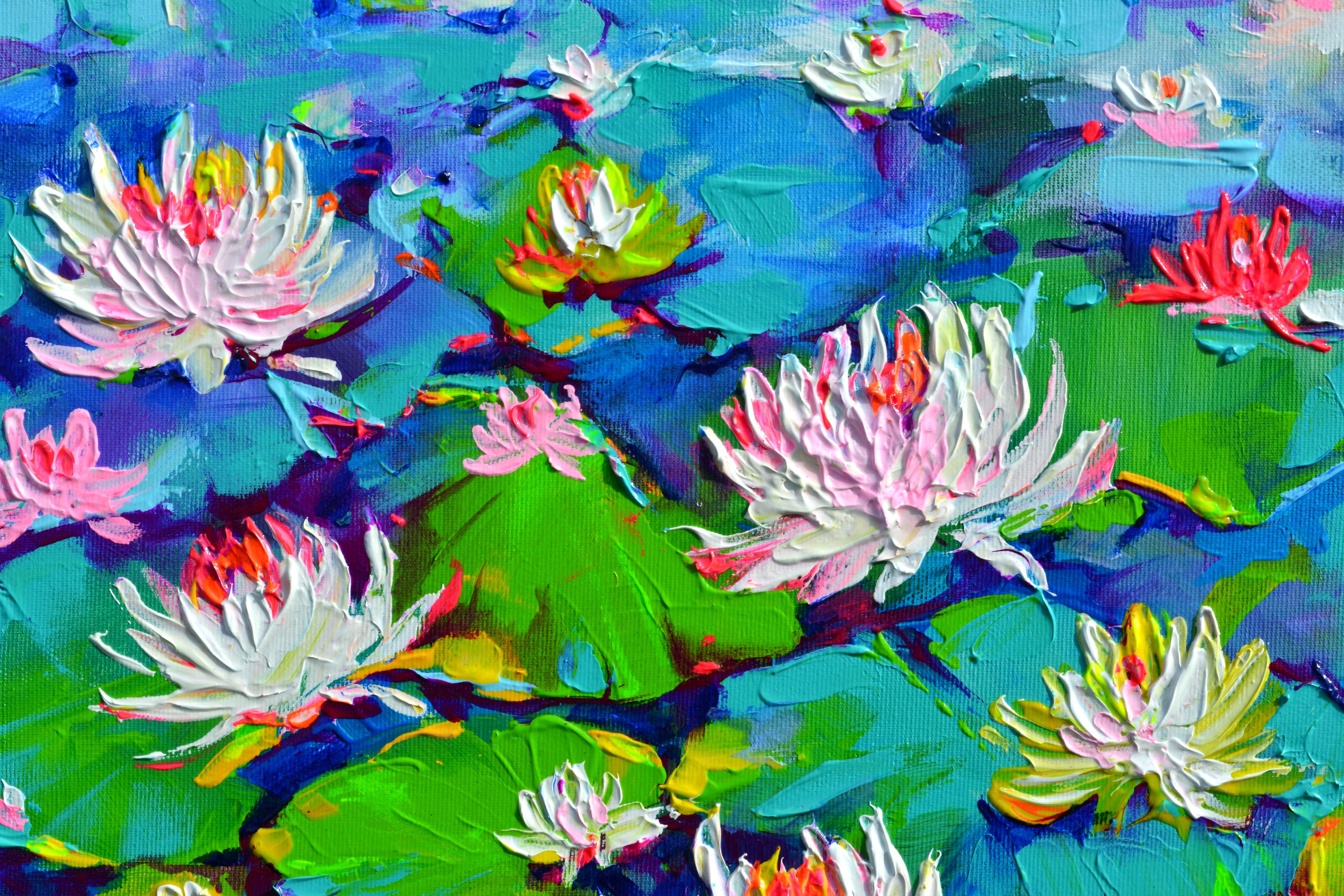 Rosa und weiße Wasserlilien auf dem Teich (Impressionismus), Painting, von Soos Roxana Gabriela