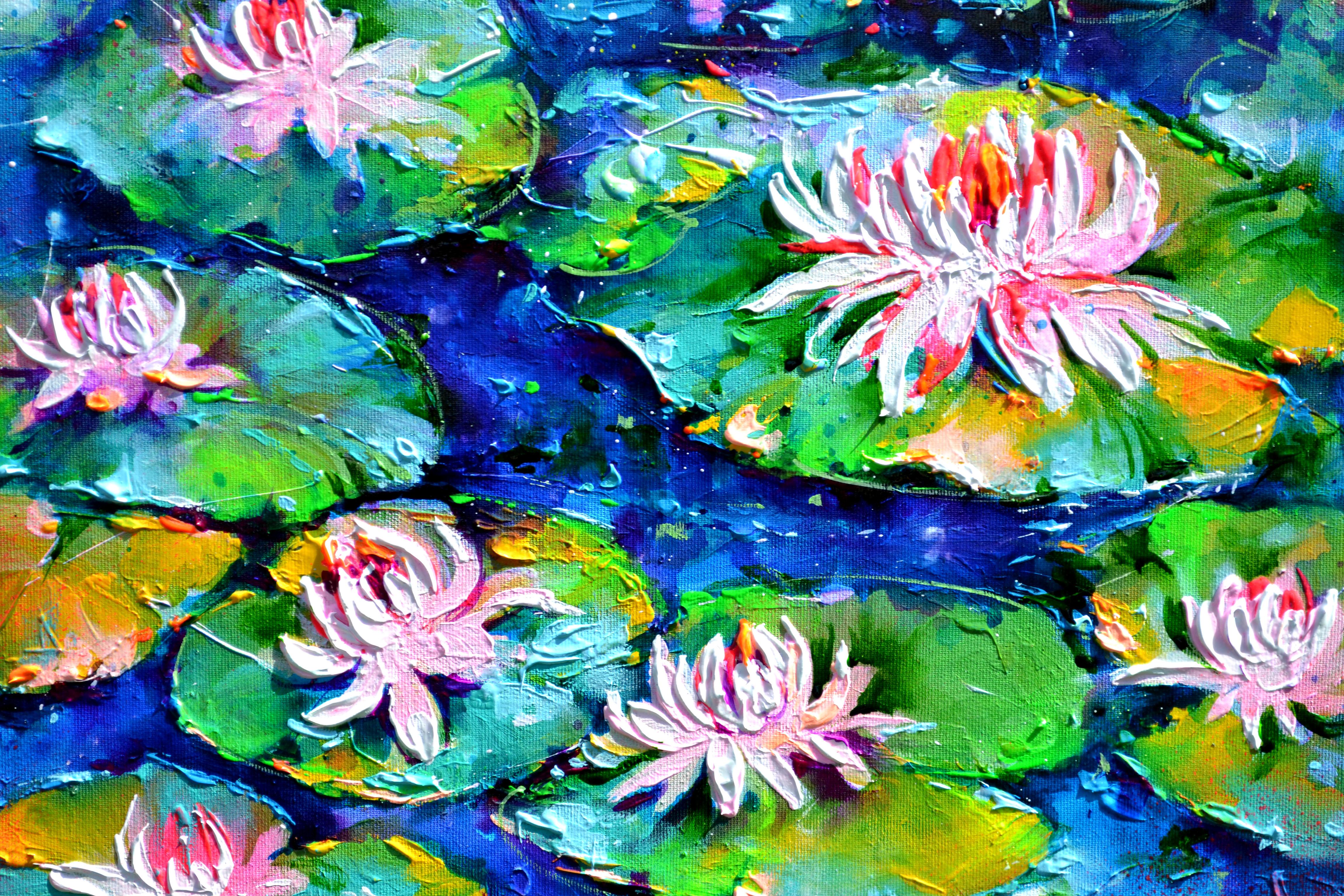Pink and White Water Lilies on the Pond - Impressionist Painting by Soos Roxana Gabriela