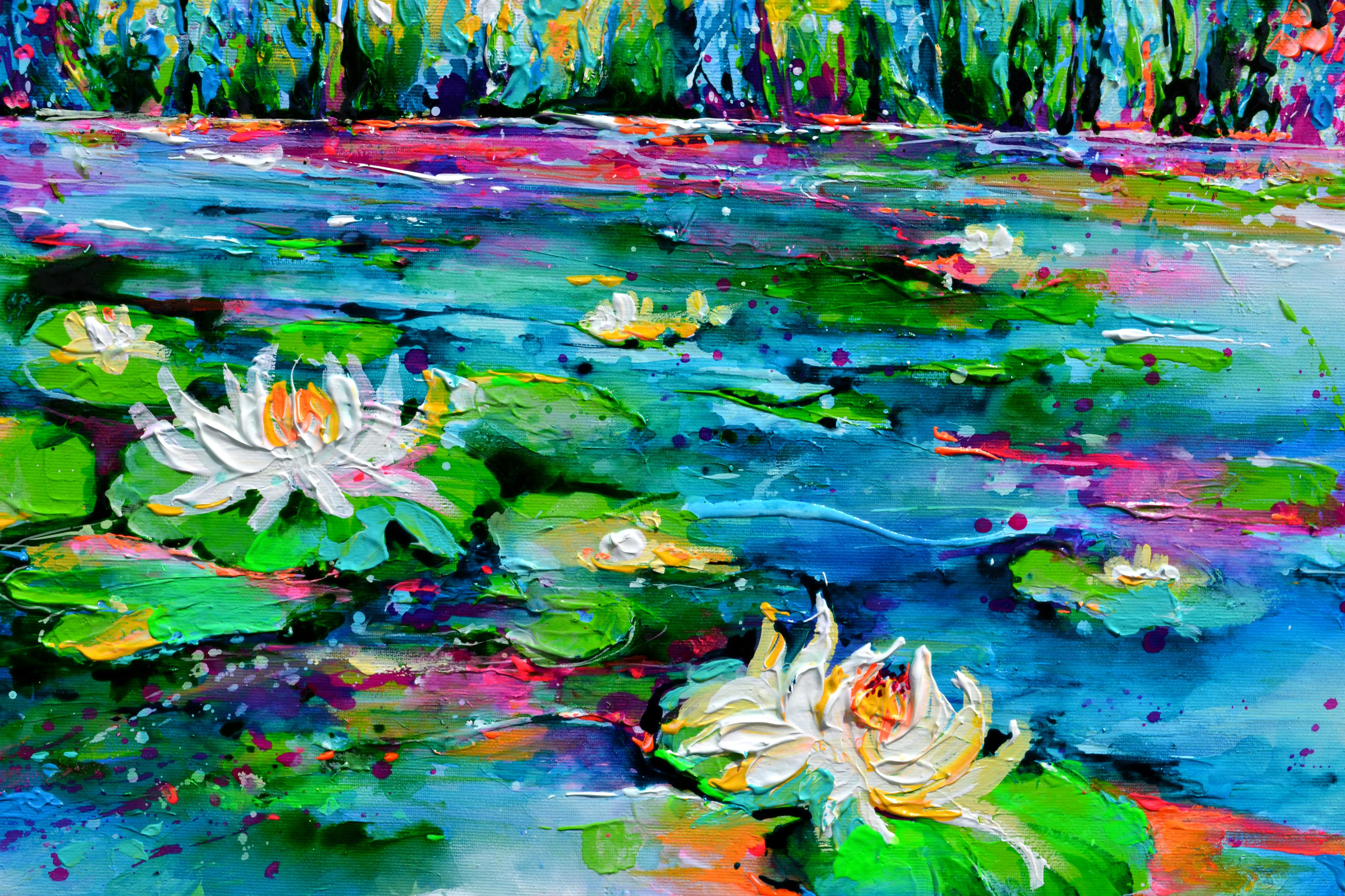 Lilies roses et blanches sur l'étang - Impressionnisme Painting par Soos Roxana Gabriela