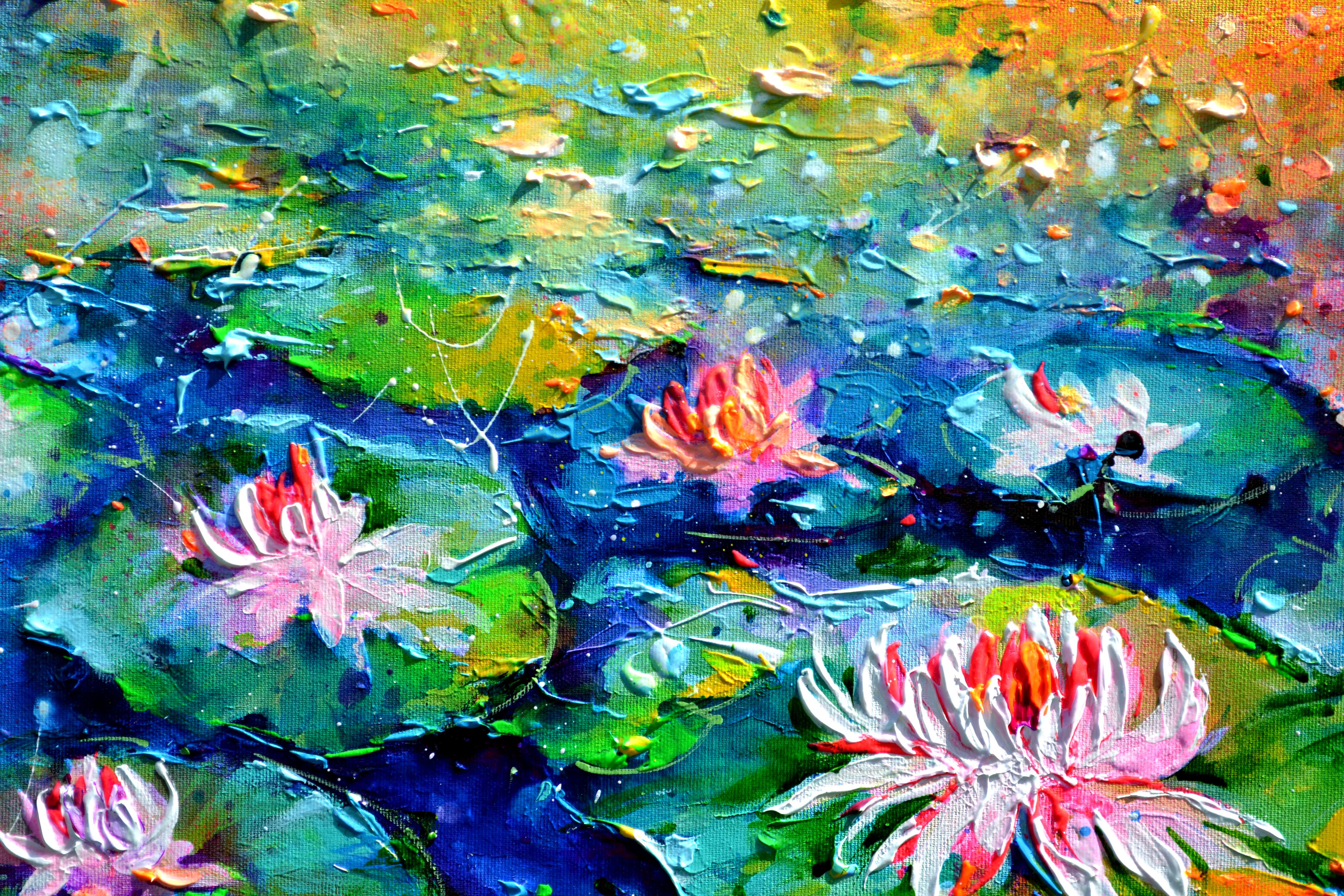 Pink and White Water Lilies on the Pond - Blue Landscape Painting by Soos Roxana Gabriela